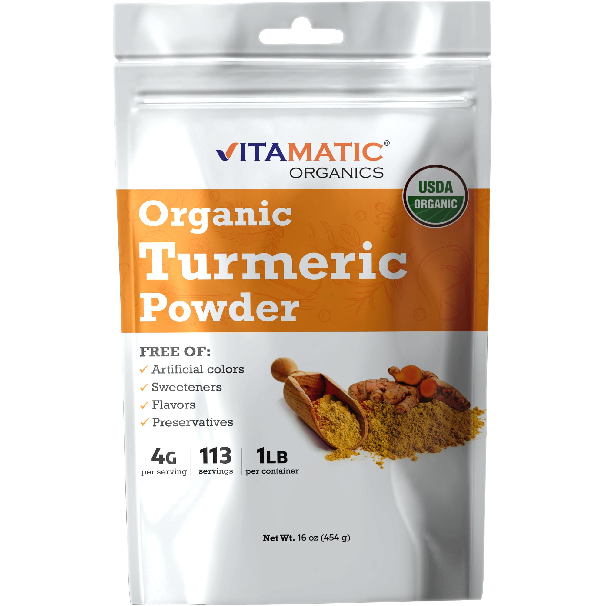 Vitamatic Certified USDA οργανική κουρκουμά σκόνη – 1 lb (16 oz)