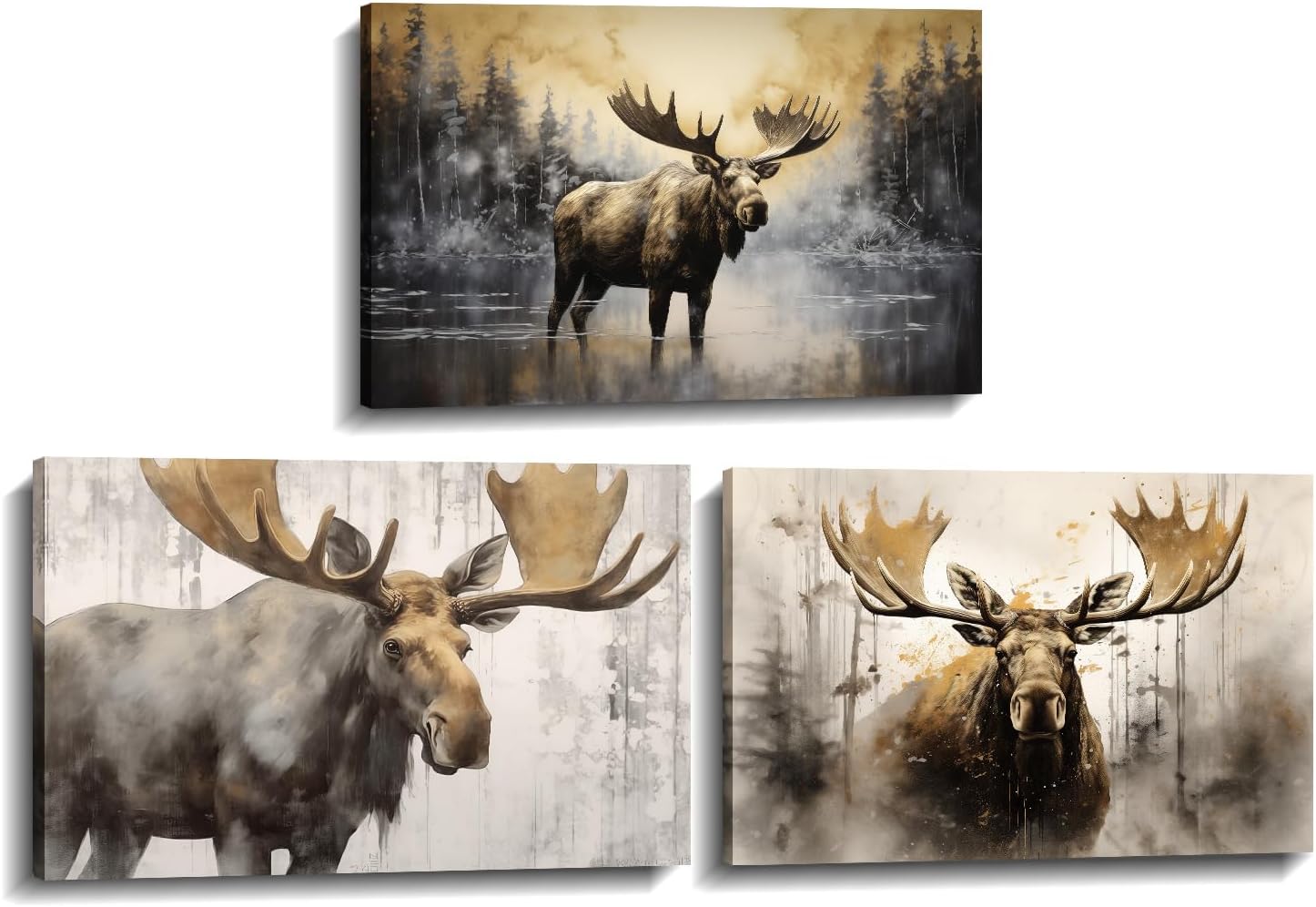 Moose Wall Art 3 Piece Wildlife Canvas Prints Rustic Forest Wilderness Animal Painting Deer Pictures for Home Cabin Wall Decor Framed(Deer-4,11.00"x14.00"x3P)