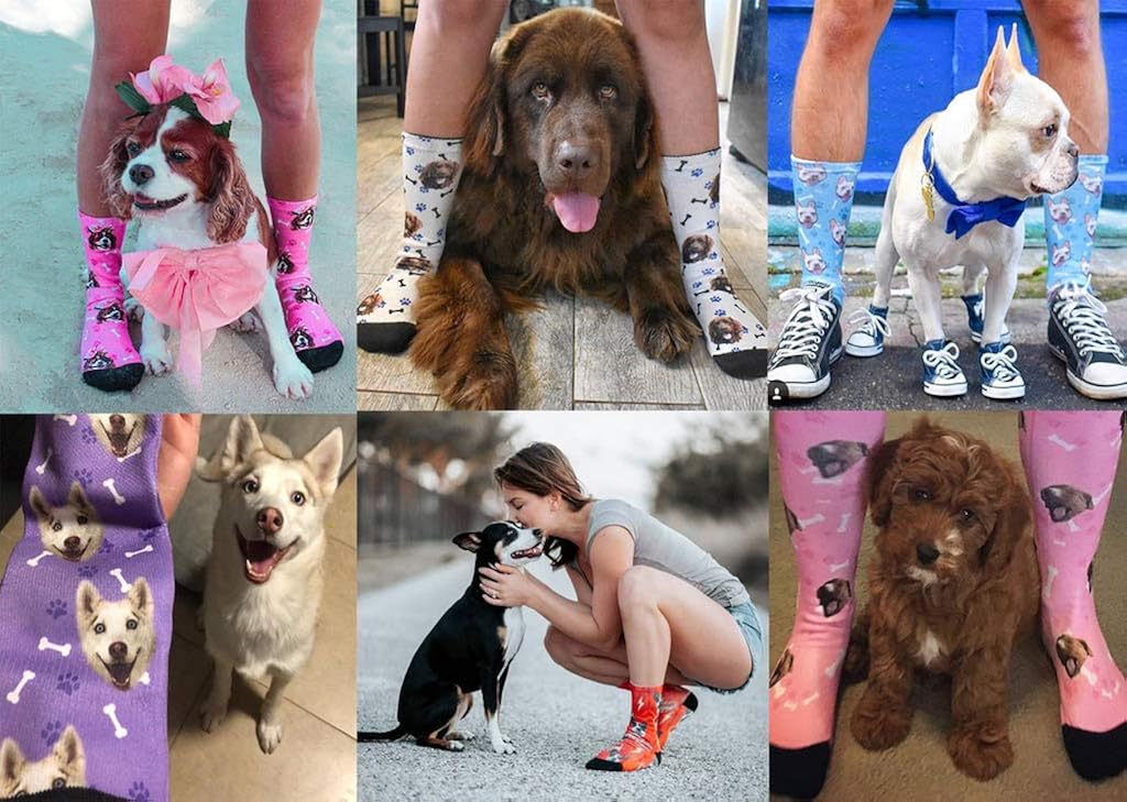 Custom Print Your Photo Pet Face Socks with 2 Faces, Personalized White Heart Dark Green Crew Socks for Men Women