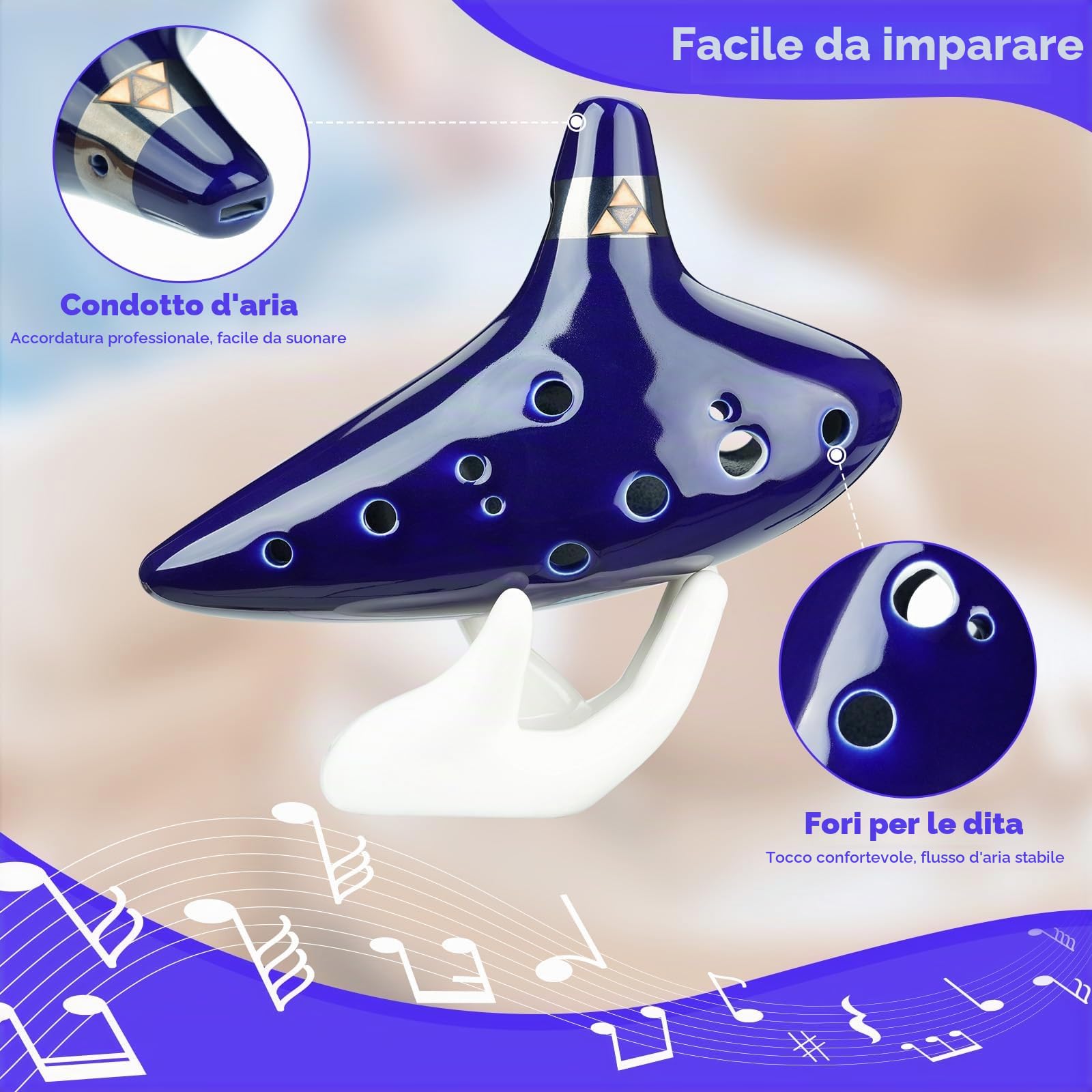 Ohuhu Zelda Ocarina Strumento con cordino da collo e libro canzoni, 12 Foro Ocarina di Ceramica Alto C leggenda di Zelda Ocarina Flute Strumento, espositore a mano e custodia protettiva nera Blu