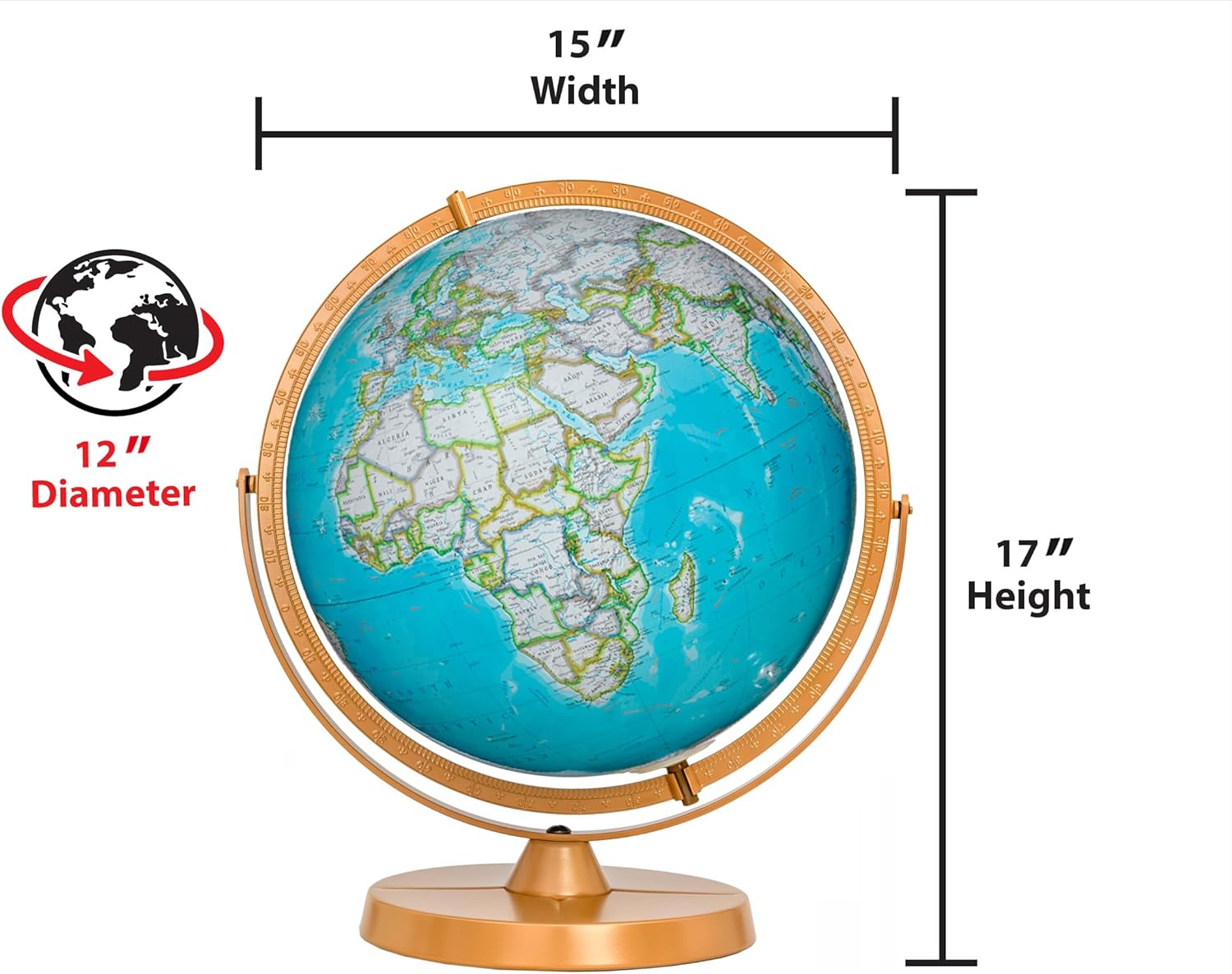 Pioneer Illuminated 12" Diameter Globe, USA Cartography with Sturdy Metal Base. Get a closer look at the world, thanks to the gyro-matic mounting that swings up or down to bring any area into closer view. Vivid colors help to easily distinguish political boundaries. Numbered full-meridian and gyro assembly. Comes with rechargeable illuminated device that offers hours of illumination. (Illuminated- Blue)