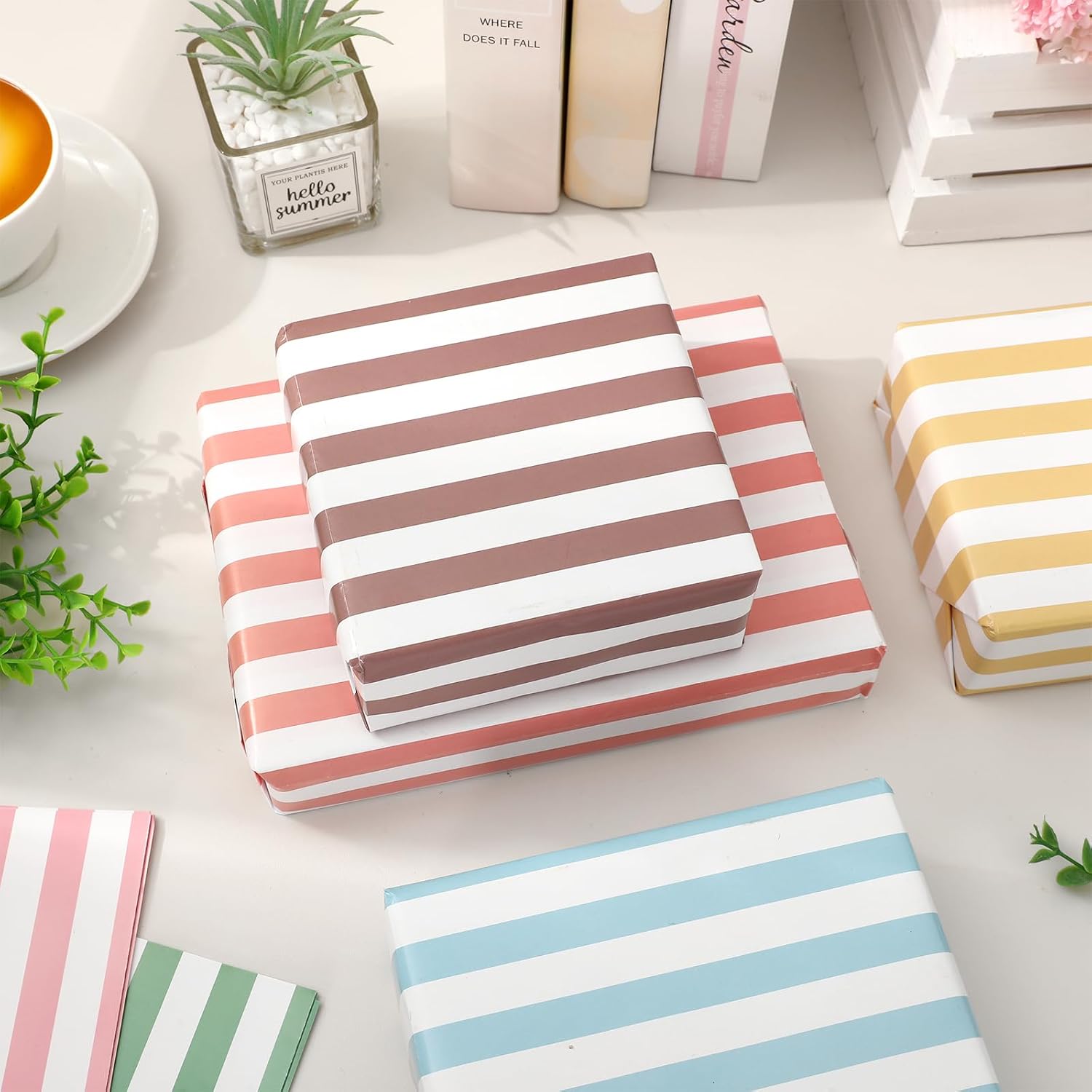 JarThenaAMCS 12 Sheets Colorful Striped Wrapping Paper -Not Roll- Summer Stripes Gift Wrap Paper Folded Flat for Birthday Baby Shower Wedding Holiday Party DIY Crafts, 19.7 x 27.6 Inch image 5