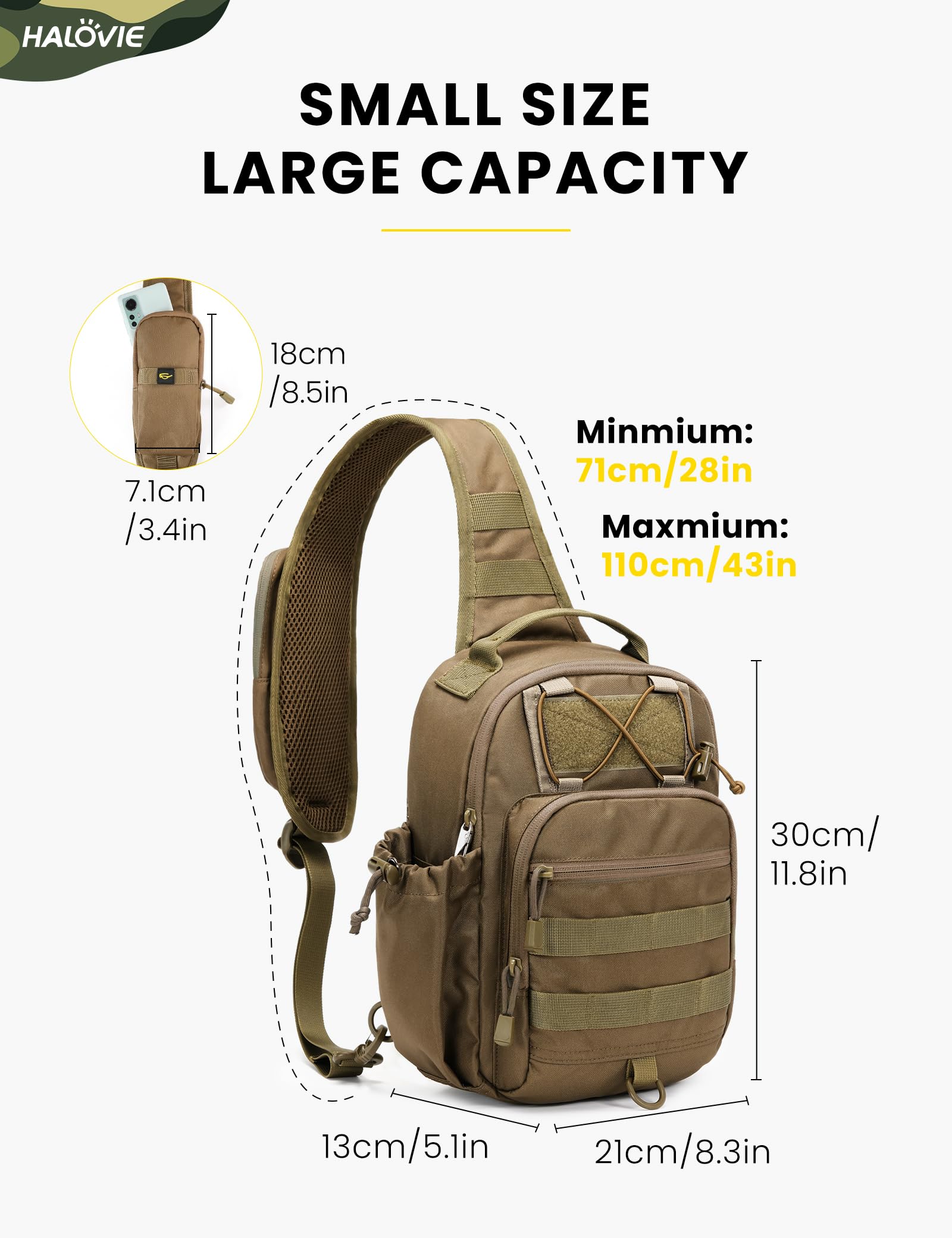 HALOVIE Sac Bandoulière Homme,Sac à Poitrine avec Blocage RFID Sacoche Bandouliere Tactique pour Homme & Femme Sacs à Dos Porté Travers pour Voyage Randonnée Camping Trekking