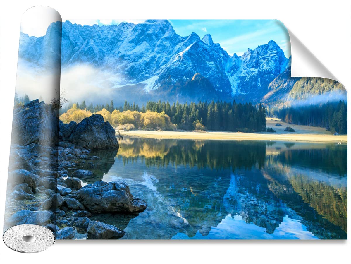Papier peint montagnes du lac pour cacher un mur abîmé décoration maison 250x104cm