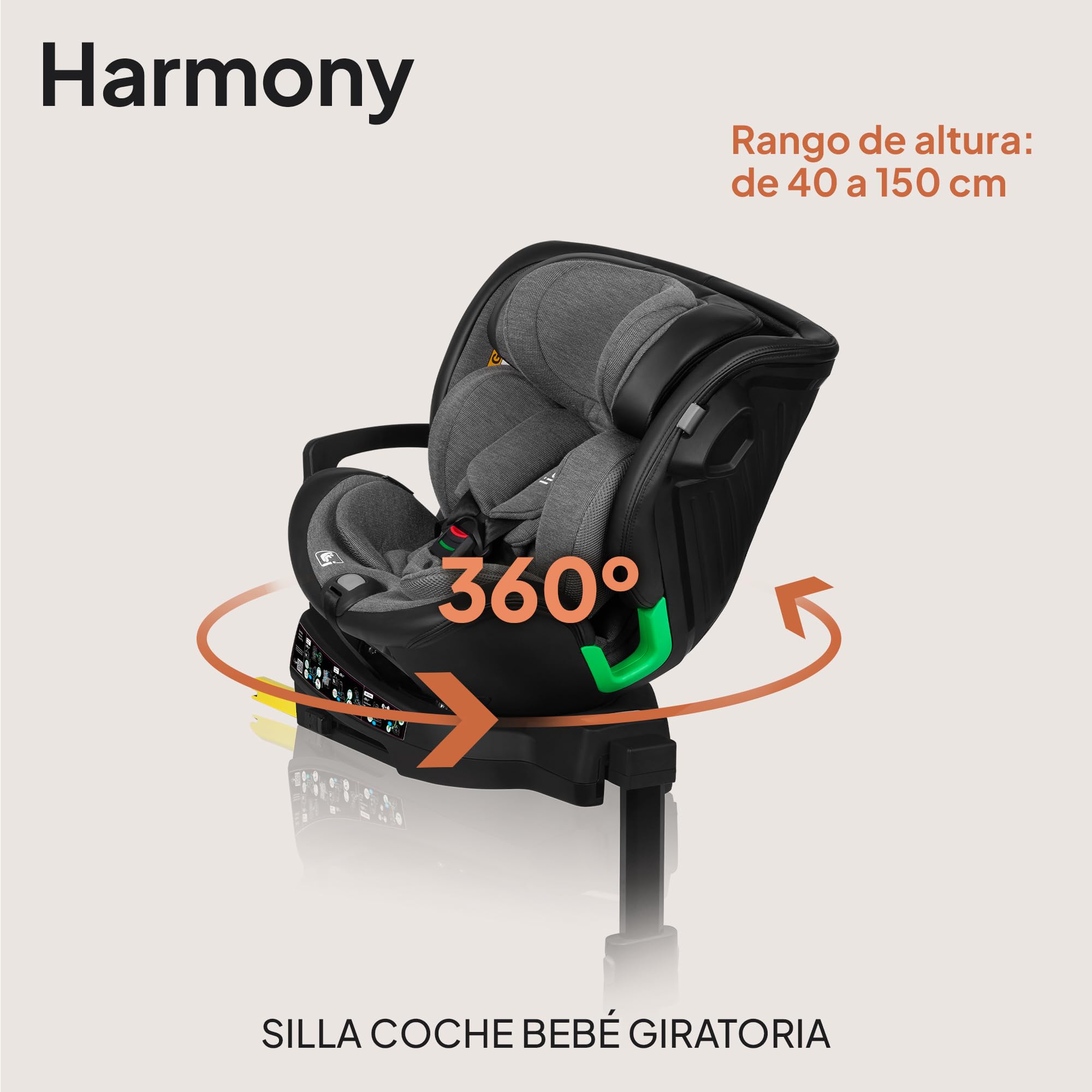 LIONELO HARMONY I-SIZE Silla Coche Bebé Giratoria 360o para Niños 40-150 CM, Fijación ISOFIX+Pata de Estabilización, Reposacabezas y Respaldo Ajustables, Reductor Dri-Seat (GRAPHITE LEATHER)