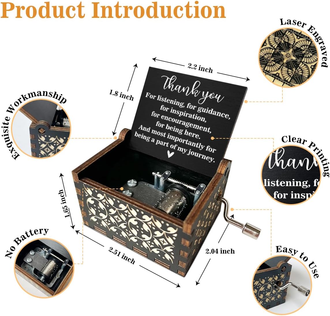 Thank You for Listening Wooden Music Box with Handle Thank You Gifts for Friends Vintage Hand Crank Antique Music Boxes U R My Sunshine Music Boxes for Women Coworker Appreciation Gifts - DH400