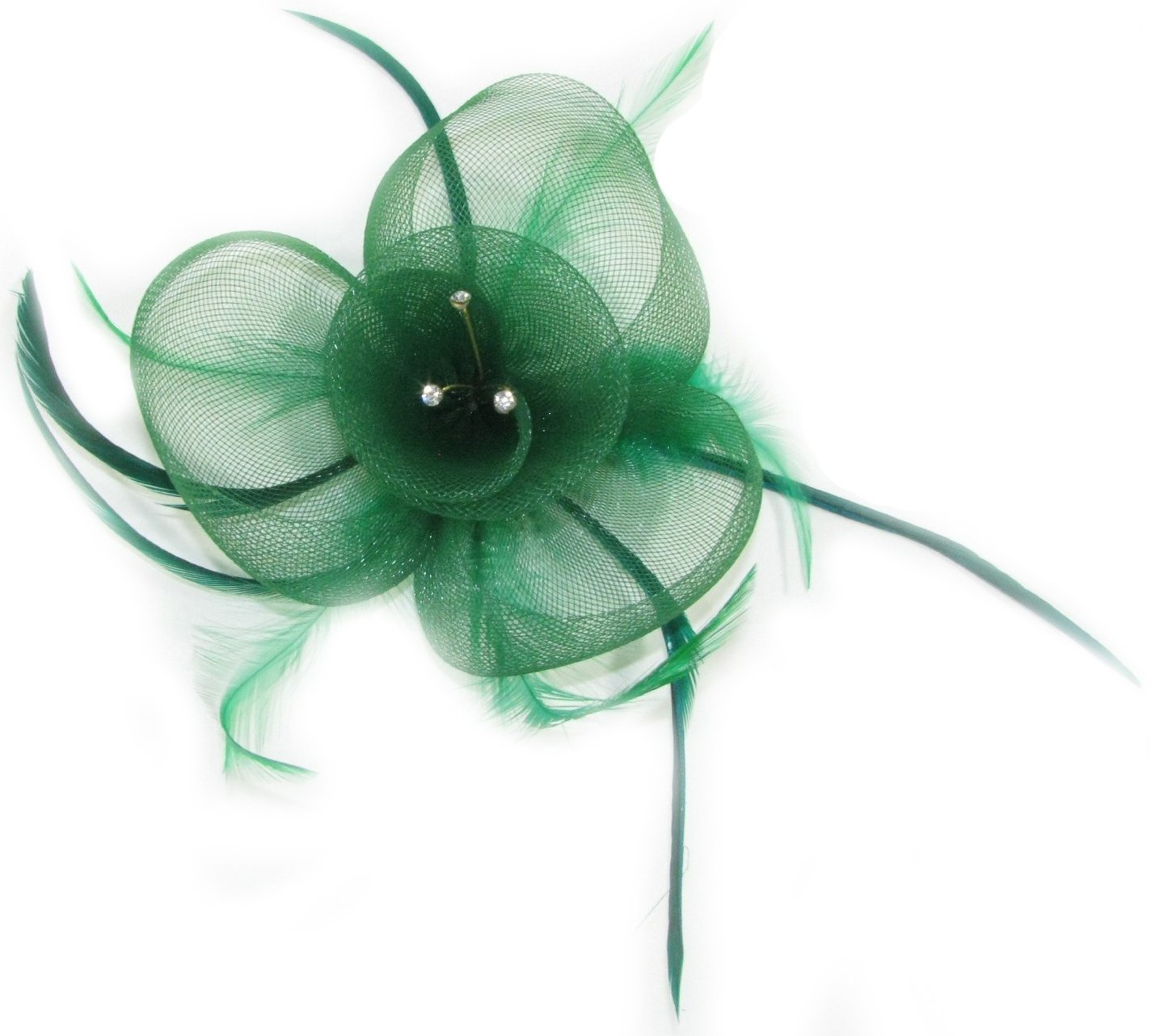 Large Net Flower & Feather Diamante Fascinator On Beak Clip & Brooch Jade Green Ref: 4003