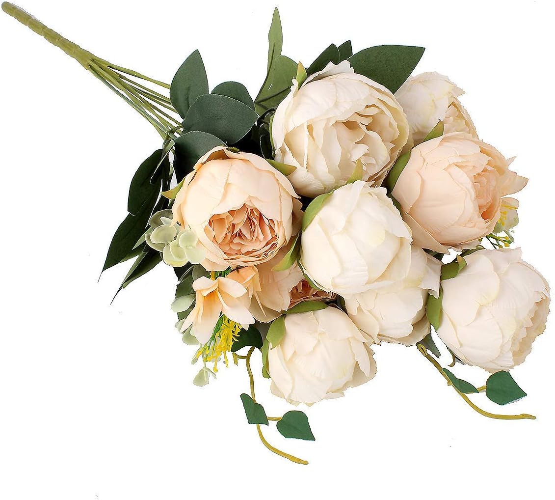 Shengyuan 2 Packs of Artificial Peony Flowers Silk Peonies Champagne Cream Fake Flower Bouquet Arrangements for Home Wedding Party Decoration(Champagne Cream，2 Pack)