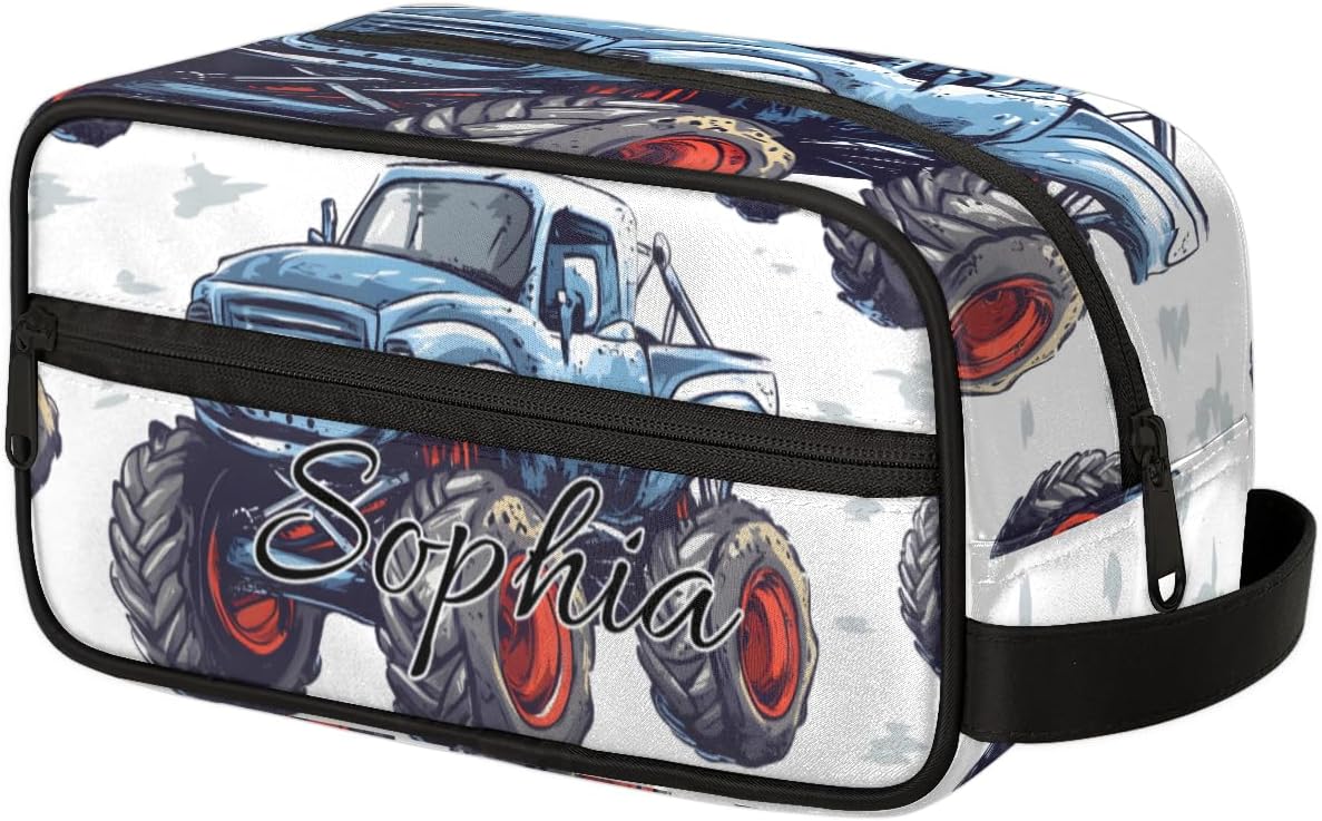 Monster Truck Personalized Toiletry Bag for Women Men, Custom Name Cool Car Hanging Cosmetic Bag Makeup Case Travel Portable Pouch