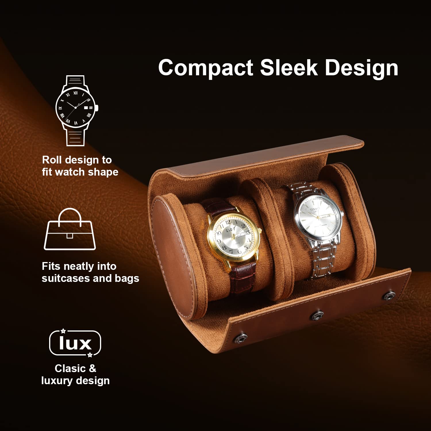 ROSELLE Watch Roll Etui podróżne dla mężczyzn i kobiet – organizer na 2 zegarki, bezpieczne przechowywanie dzięki wyjmowanym poduszkom i solidnym przegrodom, do domu, podróży i ekspozycji (brązowe)