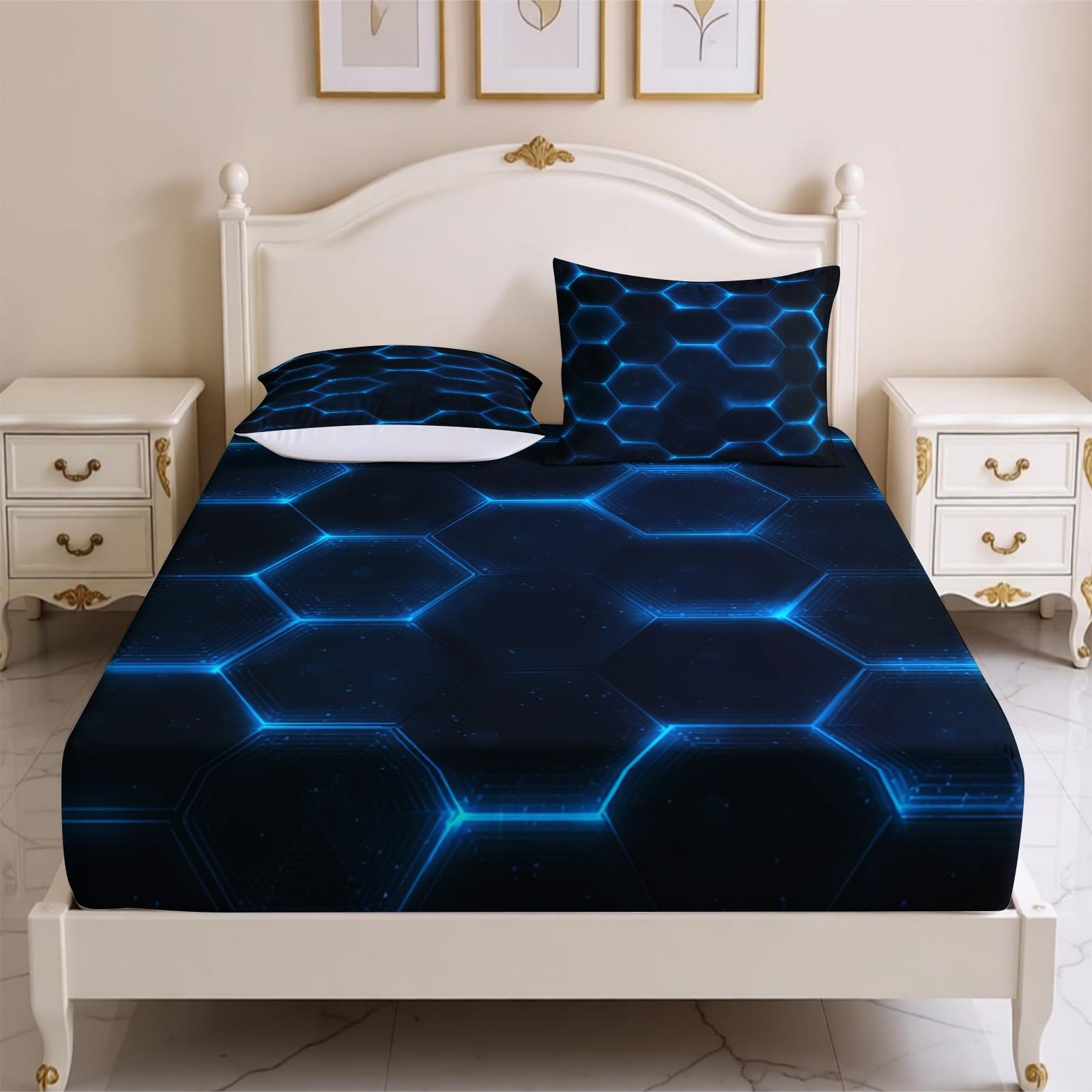 Lenzuolo con Angoli 180 x 200 cm Microfibra Motivo astratto a nido d'ape Lenzuolo Sotto Elasticizzato Profondo 25 cm blu per Letto Singolo e Matrimoniale