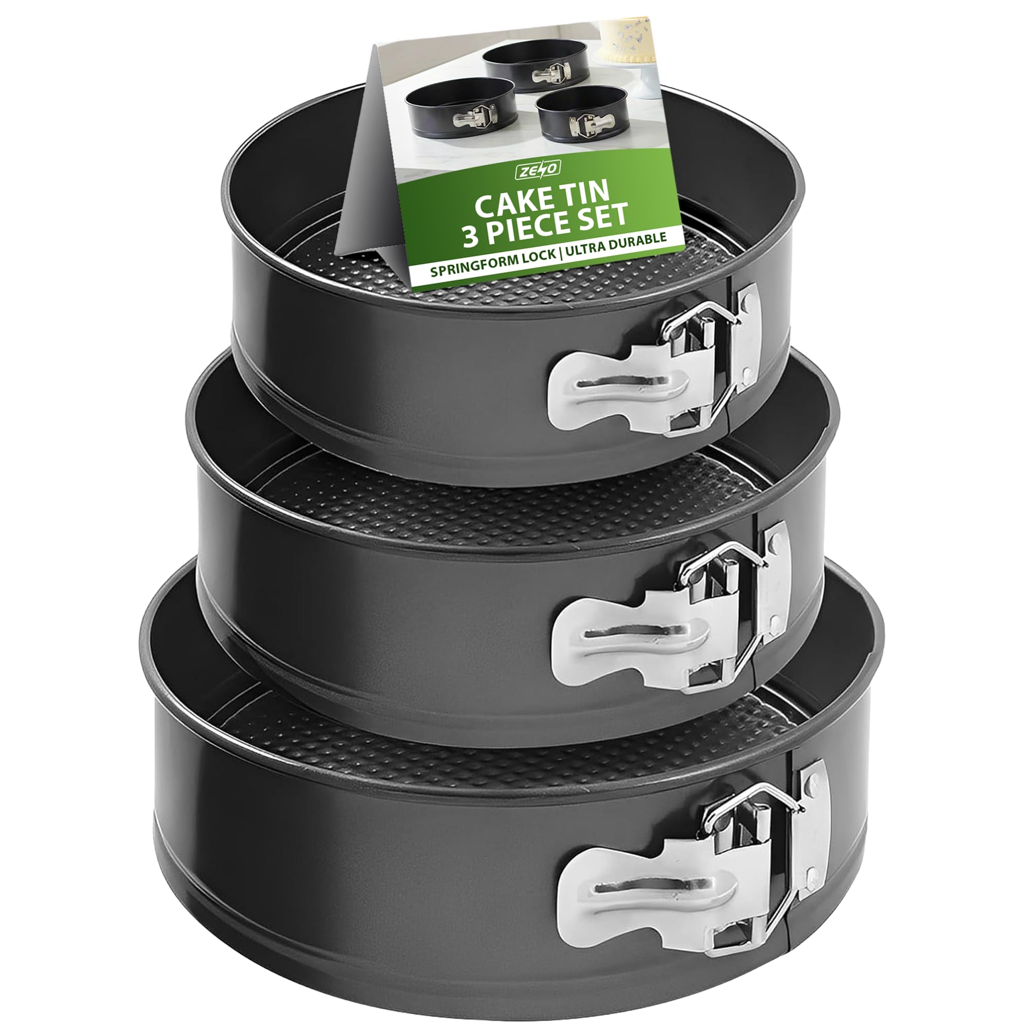 ZENO Cake Tin Set 3 PCS | Springform with Removable Bottoms | Metal Handles | Non-Stick Coating | Loose Base Baking Pan Tray | Perfect for Cakes and Cheesecake - Sizes 22/24/26 CM