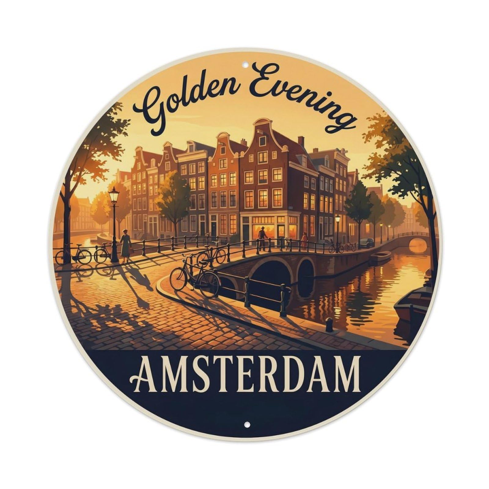 Vintage Travel Amsterdam Canal Evening Metal Tin Sign Plaque Wall Decor for Cafe, Club, Garden Round Metal Poster 8x8Inch