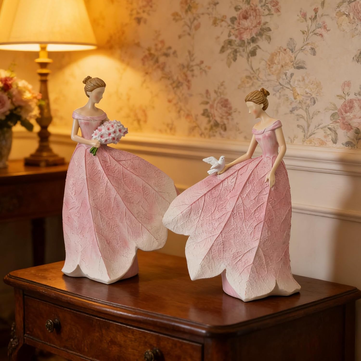 Guichifun Fairy Statue Collection Home Decoration - Pink Leaf Angel Girls Resin Home Garden Patio Living Room Decor Memorial Gift for Mom 7.5 x 4.5 x 11.5 Inch