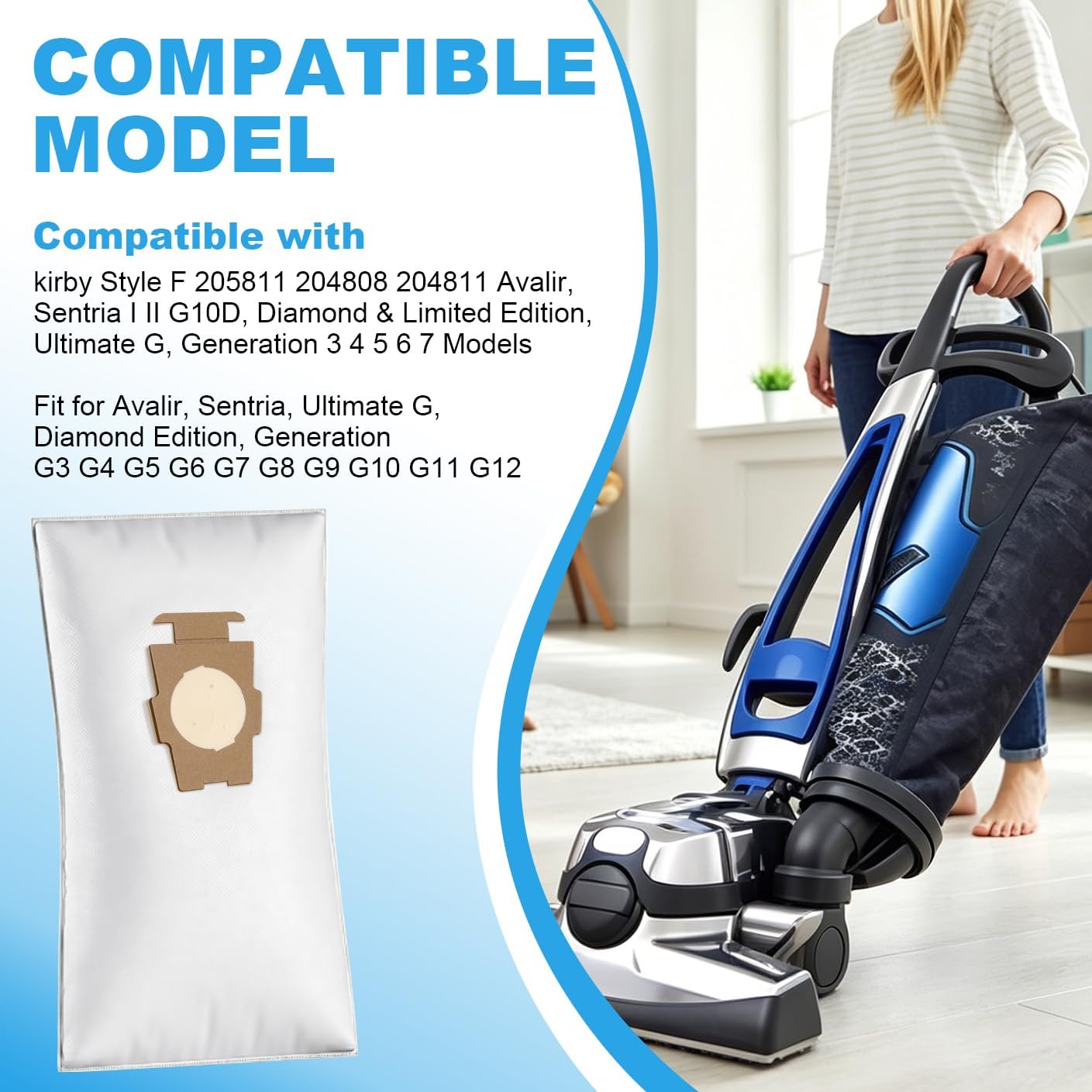 7 Pack 204814 Vacuum Bags Fit For Kirby Sentria/Avalir/Ultimate G Series | Replaces F-Style & Twist-Style 204811 205811 20480 Universal Cloth Bags