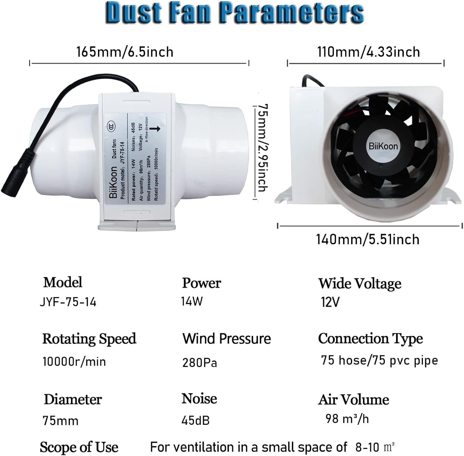 3 Inch Extractor Duct Fan with Variable Speed Controller 12V Inline Duct Fan Powerful 58Cfm Ventilation Fan for Heating Cooling Booster, Grow Tents