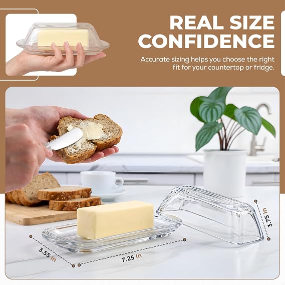Kangaroo Clear Glass Butter Dish with Lid for Countertop & Refrigerator | Crystal Covered Butter Tray Storage Container Holder for Counter & Fridge - Butter Dish with Lid