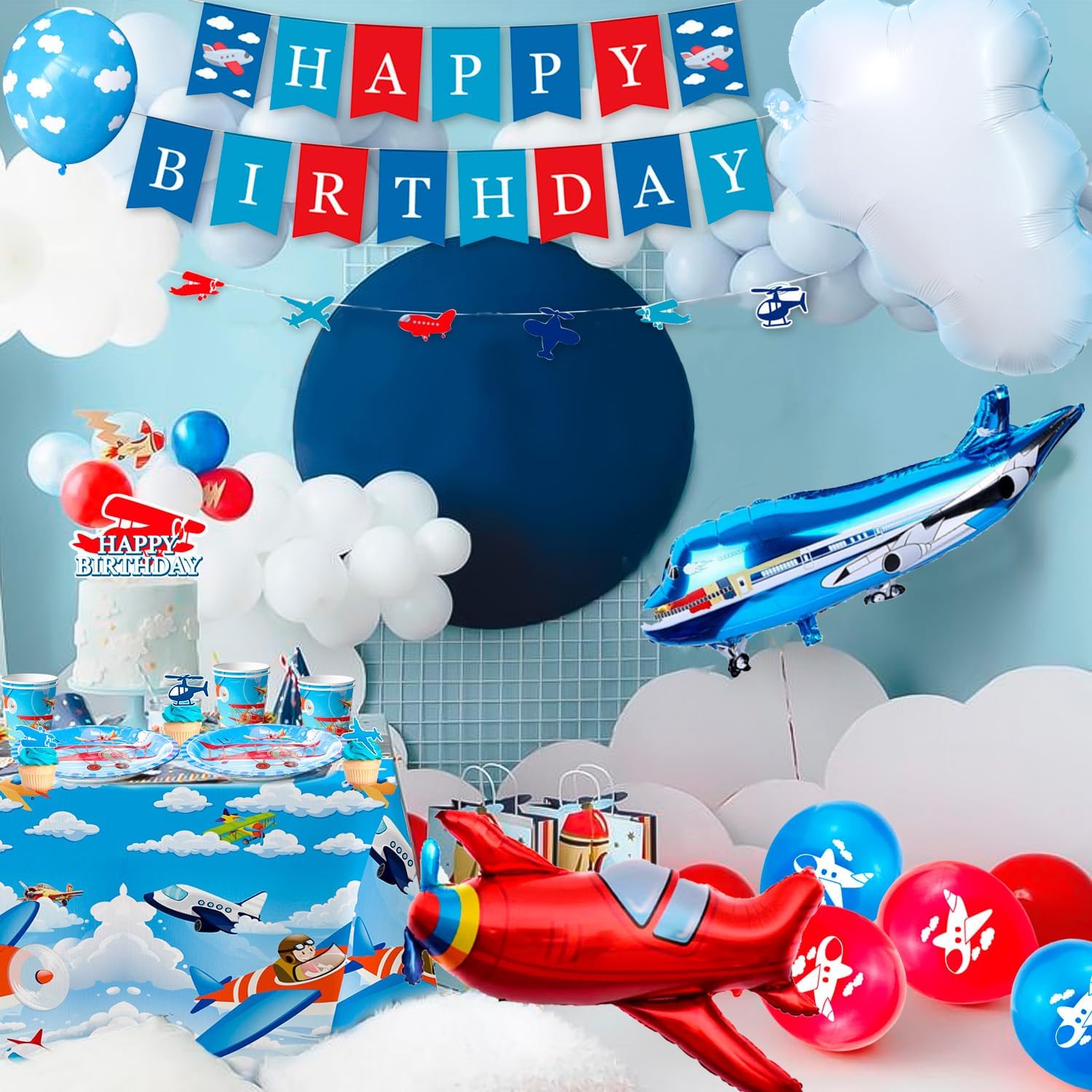 Airplane Birthday Party Decorations for 16 Guests, Airplane Party Decorations Airplane Party Tableware Airplane Plates Napkins Cups Table Cloth Balloons Backdrop etc Airplane Birthday Party Supplies