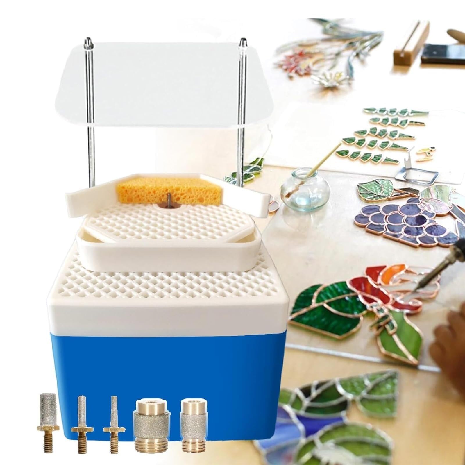 Molinillo eléctrico de vidrio de 65 W, herramienta de bricolaje de vidrieras con brocas de diamante, suministro automático de agua y deflector de salpicaduras para mosaicos, cerámica, manualidades