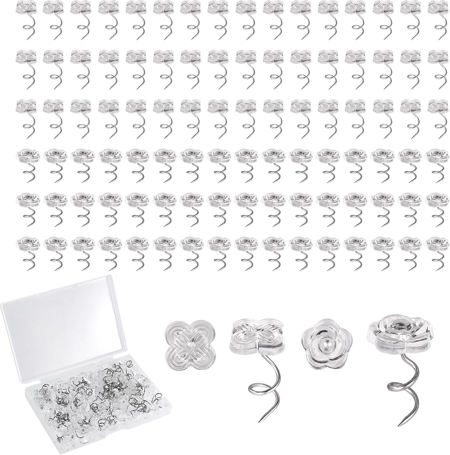 100pcs Bed Skirt Pins, 0.43 Inch Twist Pins with Clear Heads Upholstery Tacks Headliner Pin for Slipcovers and Bedskirts Holders (Four-Leaf Clover, Rose)