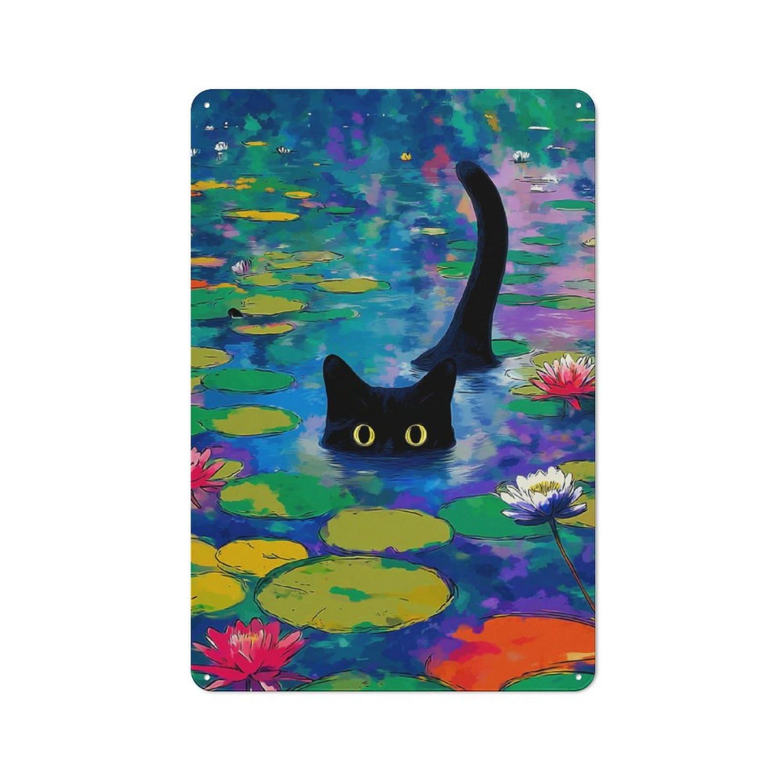 Junmoney Whimsical Cat In Lily Pond Retro Metal Wall Sign 30X20cm For Café Or Home Bar, For Home Bar Enthusiasts, For Retro Home Interiors