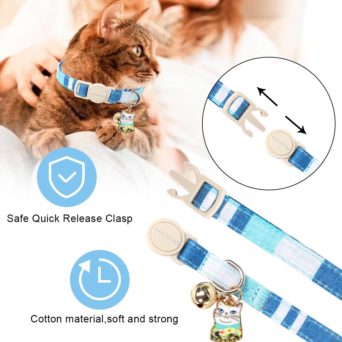 Collar para gato, paquete de 2 collares de gato a cuadros azules con campana, collar de gato con hebilla de seguridad DOGWONG para niñas, niños, gatos y perros pequeños, collar ajustable para gatitos