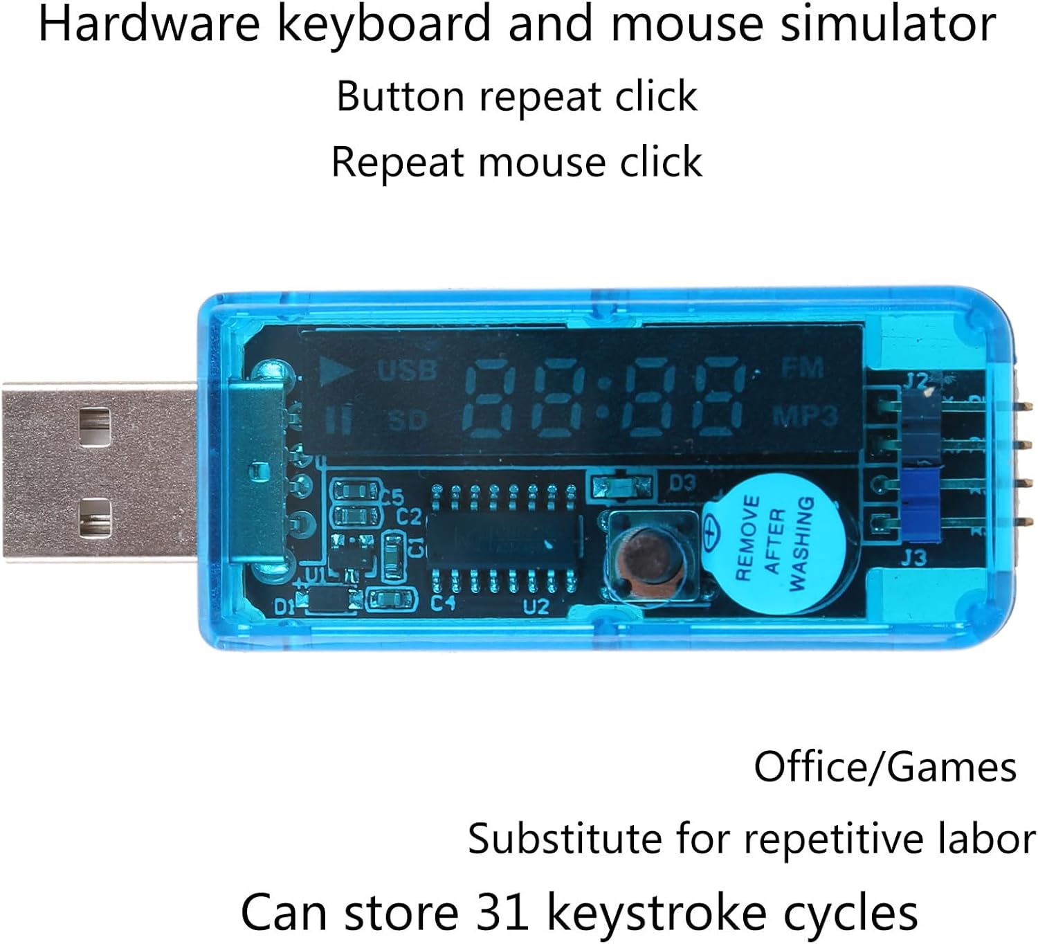 JAGTRADE USB 2.0 Keyboard and Mouse Emulator with text overlay 'Hardware keyboard and mouse simulator, Button repeat click, Repeat mouse click'