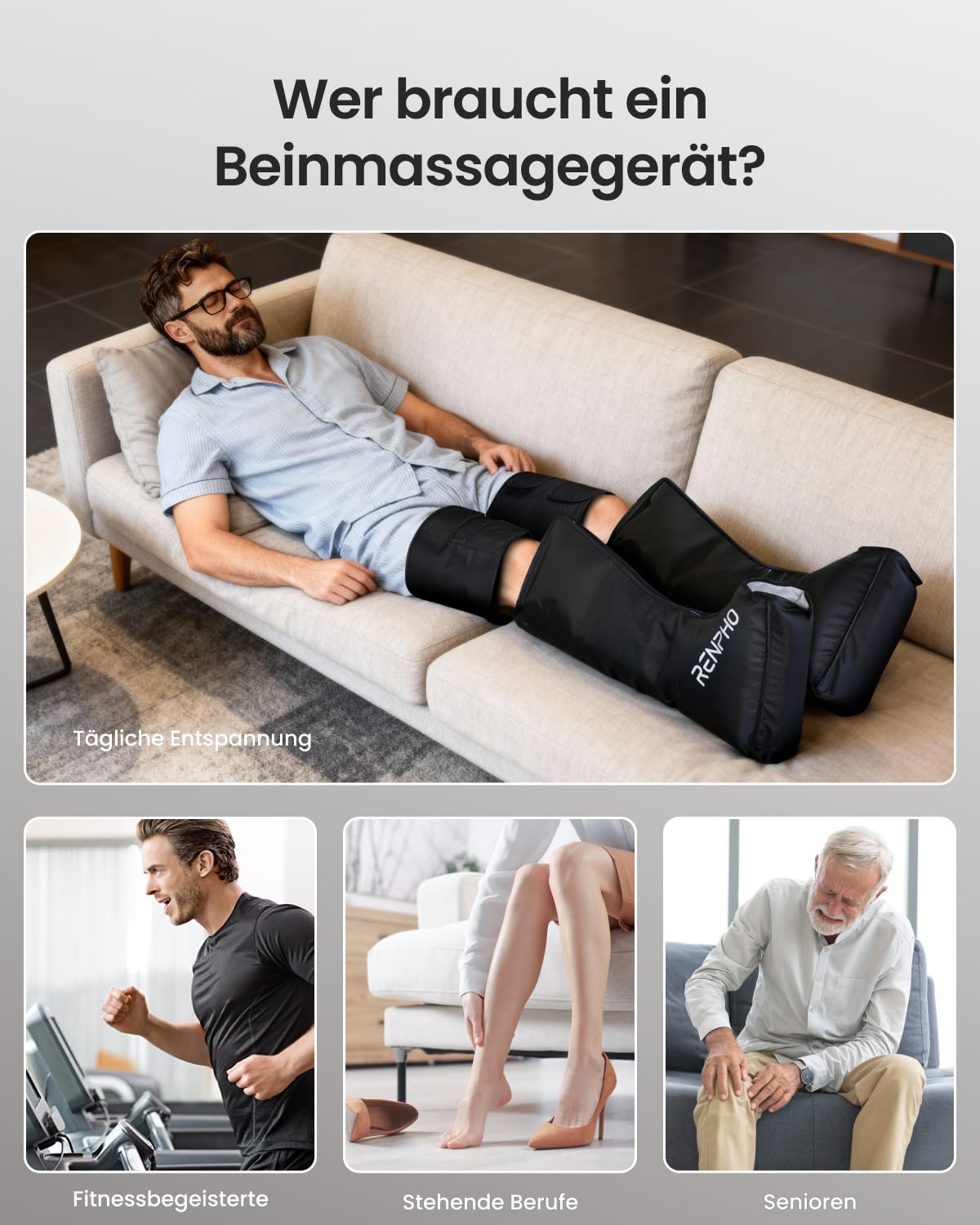 RENPHO Beinmassagegerät mit Wärme, 360° Bein Massager für Waden & Oberschenkel, Kabellos, 6 Modi & 5 Intensitäten, 2 Heizstufen, Lymphdrainage für Sportler, Weihnachtsgeschenke für Frauen & Männer