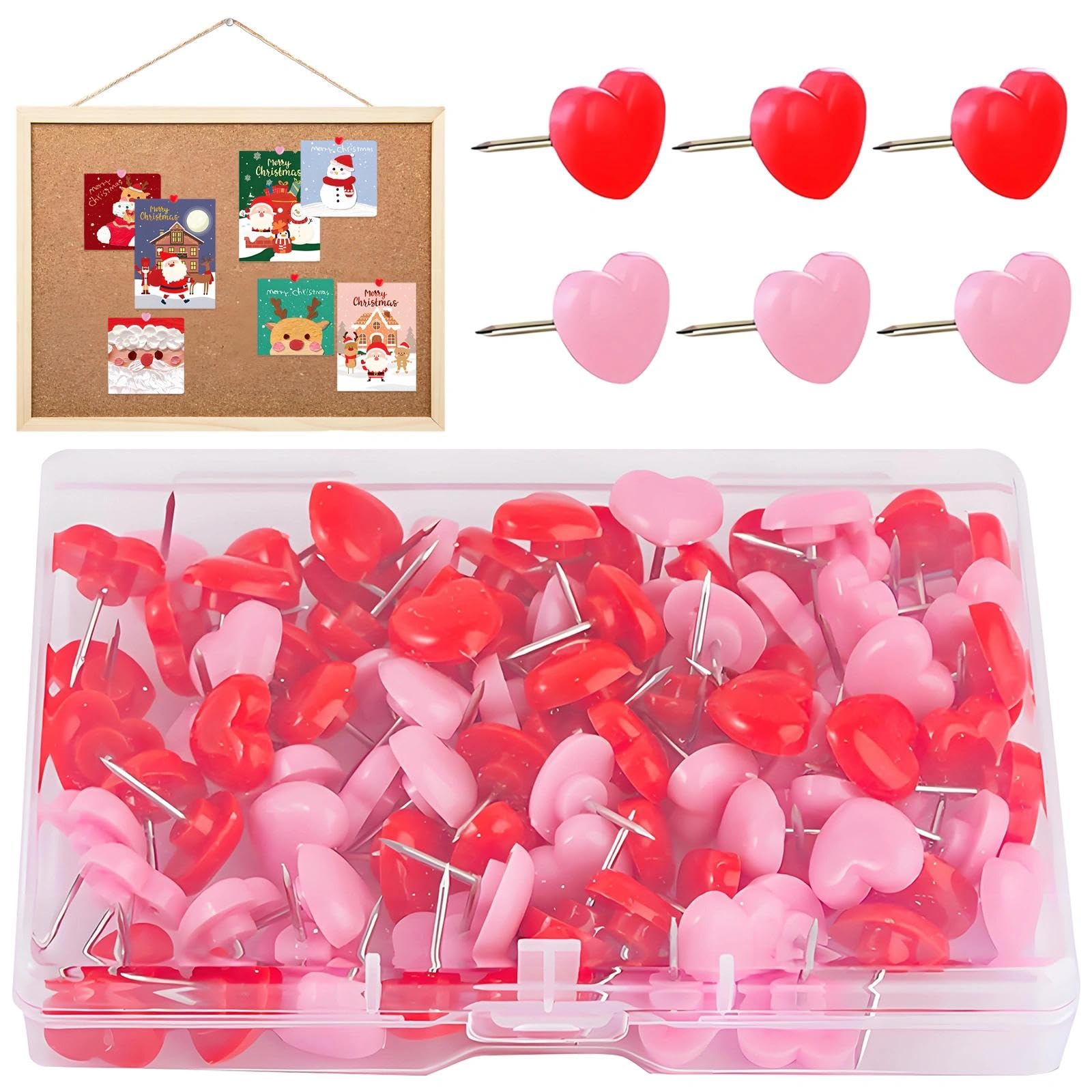 200 Pcs Cute Push Pins, Drawing Pins, Pink Heart Thumb Tacks, Cute Wall Tacks, Decorative Thumb Tack, Heart Push Pin, for Bulletin Board in Home School Office, Pink and Red