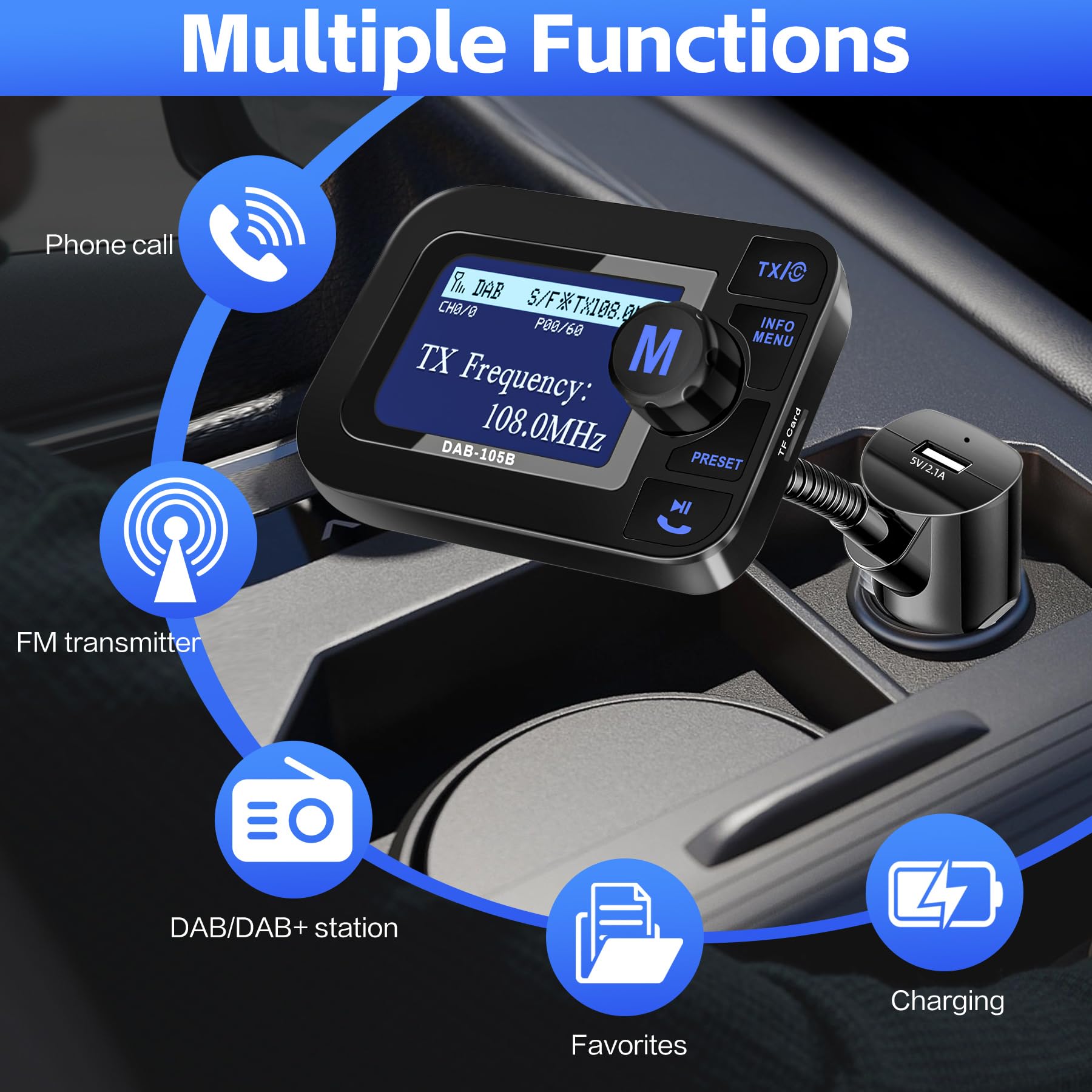 DeeprBetter DAB+ Adapter für Autoradio, DAB Adapter Stereoanlage mit 2,3 LCD-Display, Plug&Play Auto DAB Transmitter mit Bluetooth Freisprechen und Musik Spielen, Tragbarem DAB Empfänger mit Aux Out