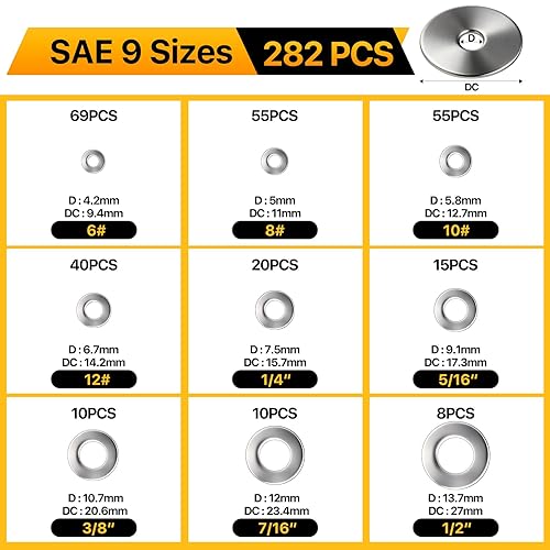 Miniatura 3 de Nuepuxo Kit surtido de 530 arandelas planas, arandelas de guardabarros de acero inoxidable 304, 24 tamaños (M3 M4 M5 M6 M8 M10 M12 6# 8 10# 12# 12#