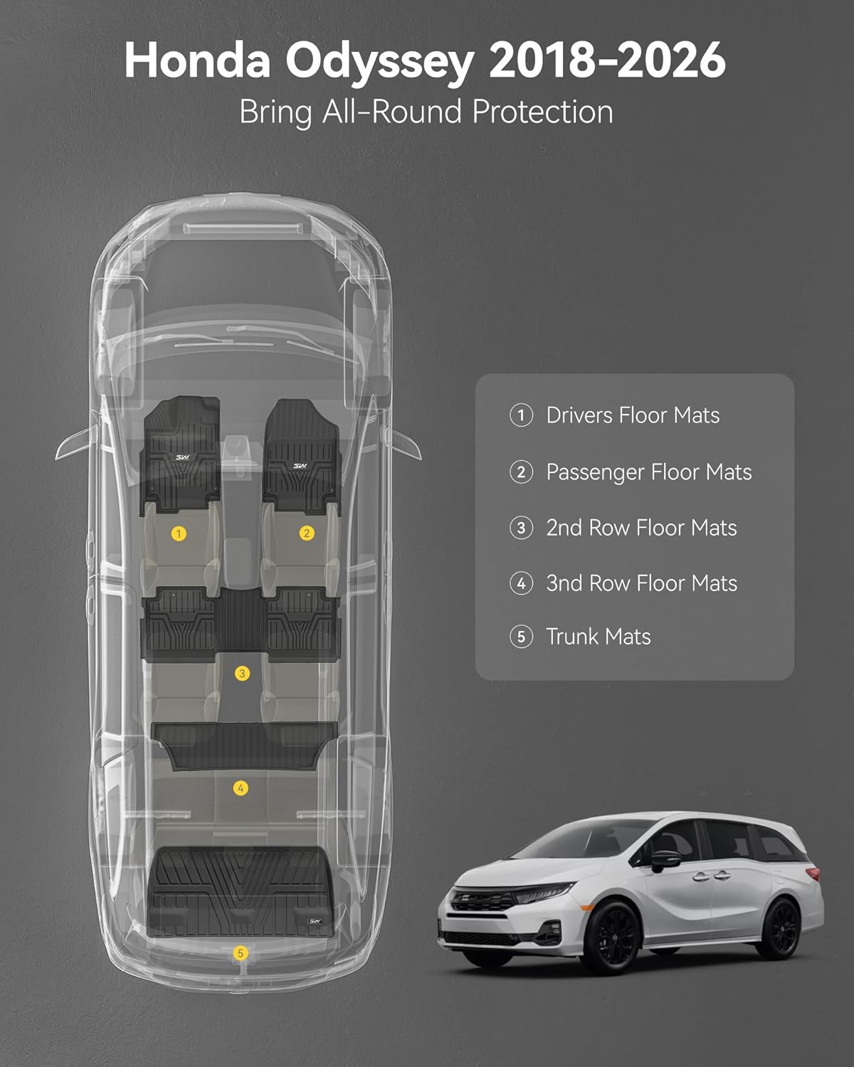 3W Floor Mats & Cargo Liner Fit for Honda Odyssey 2026 2025-2018 Mini Passenger Van, All Weather TPE Floor Liners 1st 2nd & 3rd Rows Car Mats and Trunk Liner Odyssey Car Accessories, Black - Image 2