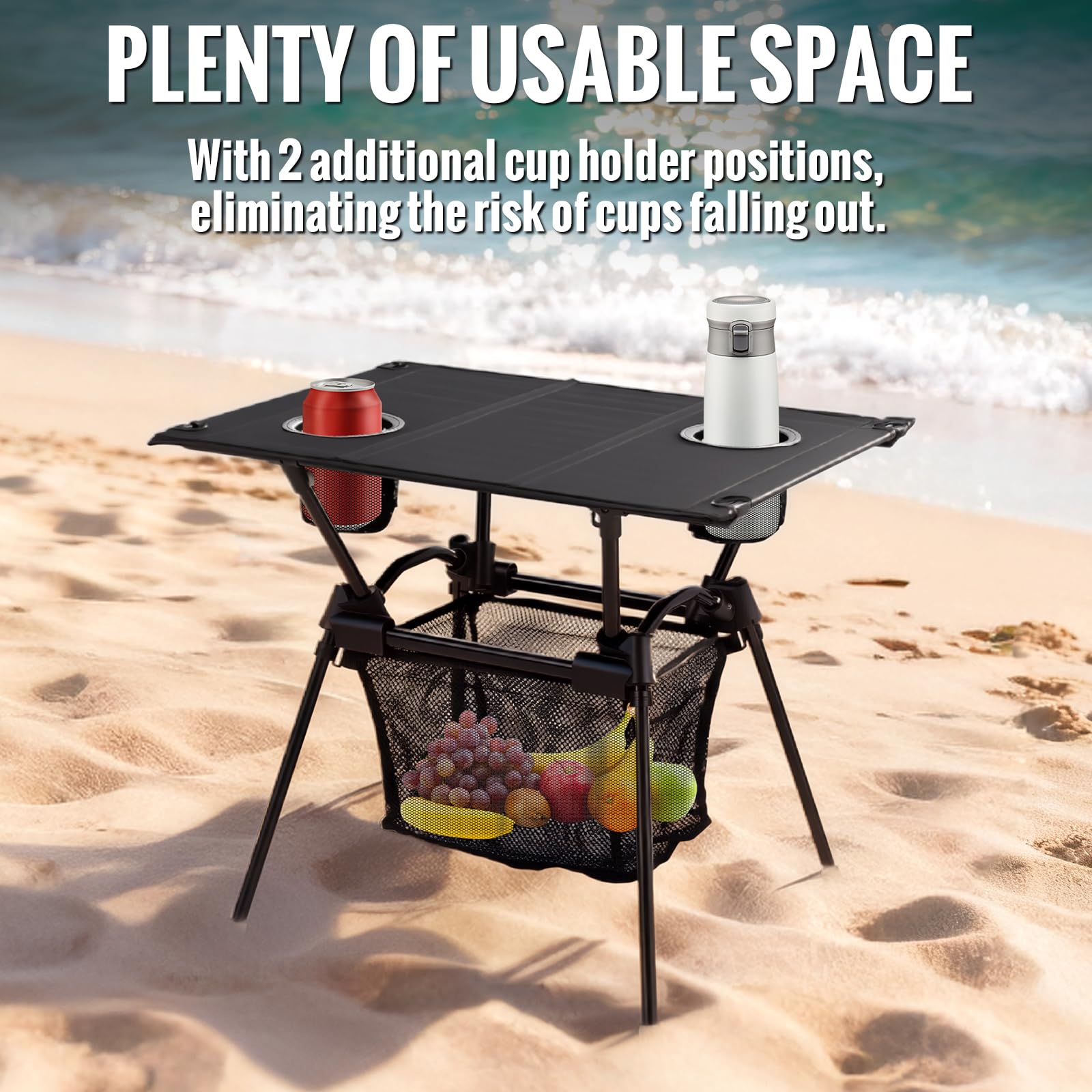 GARLLEN Mesa de camping plegable, mesa de playa compacta ultraligera con mesa de tela, mesa de viaje portátil de aluminio con portavasos y red de almacenamiento para arena, camping, al aire libre