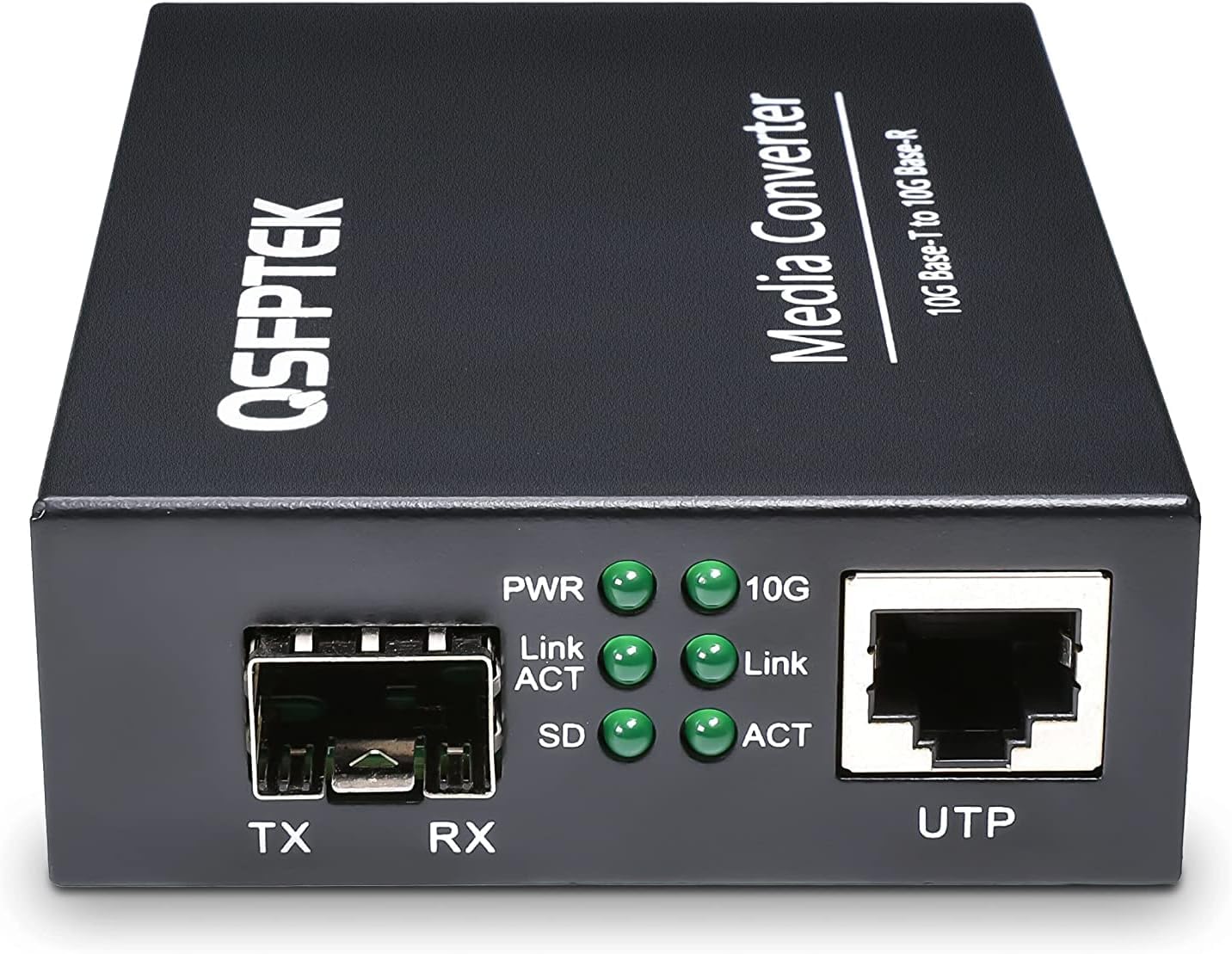 QSFPTEK Convertisseur de média 10 G, fibre 10 Gigabit vers cuivre UTP Ethernet 10 G, non géré 1 x 100 M/1 G/2,5 G/5 G/10 GBase-T RJ45 vers 1 emplacement SFP+ 10 GBase-X