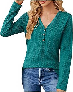 Camiseta holgada de manga larga para mujer, color liso, cuello en V, botones, otoño e invierno, camiseta de manga larga para mujer, Y2K 2025