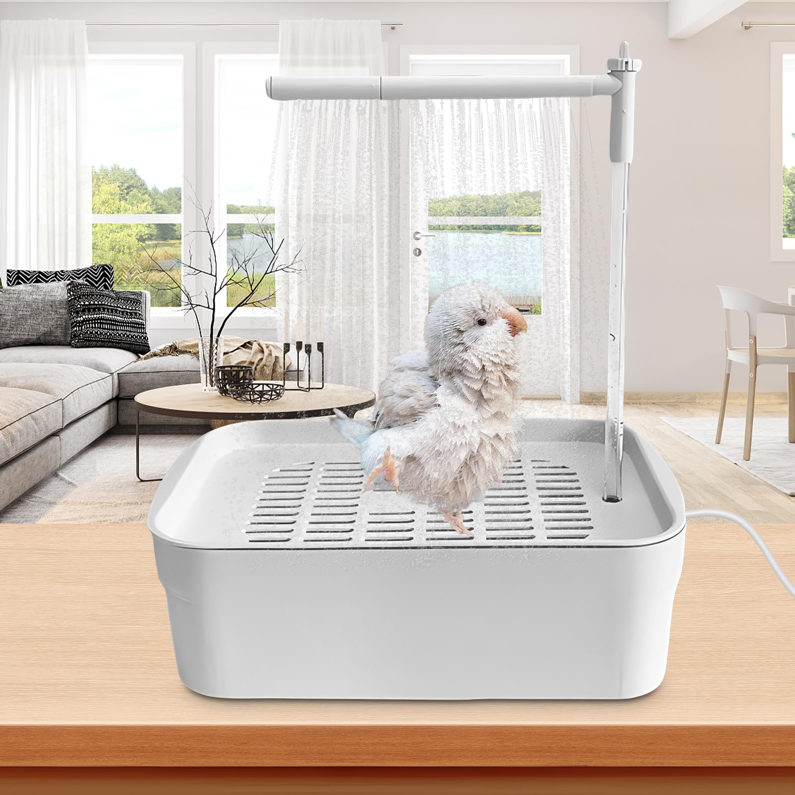 Wellensittich Dusche, Vogel Badehaus Badewanne, Vogeldusche Wellensittich, Wellensittich Badewanne, Automatische Haustier Vogeltränke, Multifunktionaler Vogeldusche Mit Zirkulierendem Wasser - Weiß