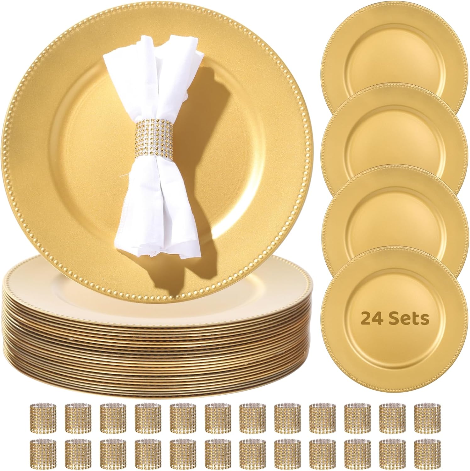 OMISTAR 48 Pcs Charger Plates and Napkin Rings Set, 24 Gold Plastic Charger Plates with 24 Napkin Rings, Decorative Tableware for Weddings and Banquets, Elegant Gold Metallic Finish