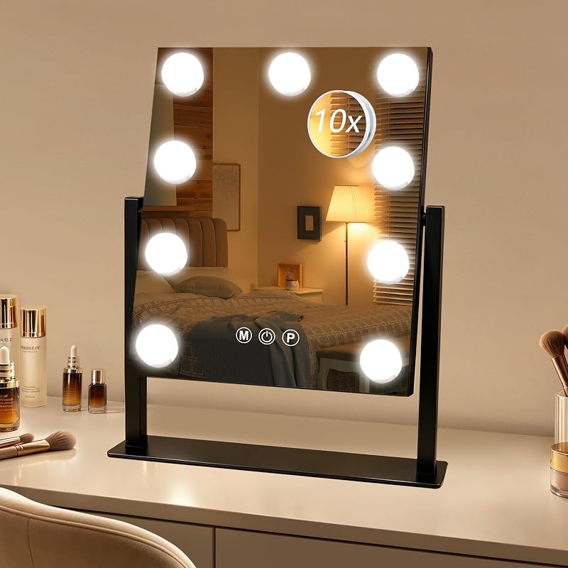 Espelho de maquiagem Ratsamee com luzes, 30,48 cm x 35,56 cm, base com rotação de 360°, preto