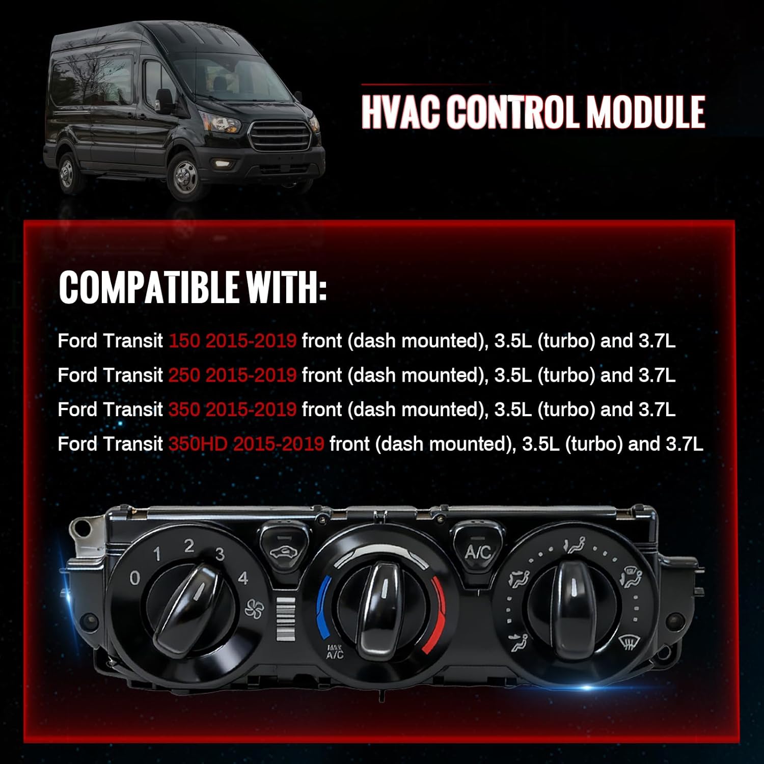 CK4Z19980A HVAC Control Module, A/C Temperature Control Panel Compatible with 2015-2019 Ford Transit 150 250 350 350HD, Replaces CK4Z19980B CK4T19980AC CK4T19980AD CK4T19980AE HAC02648