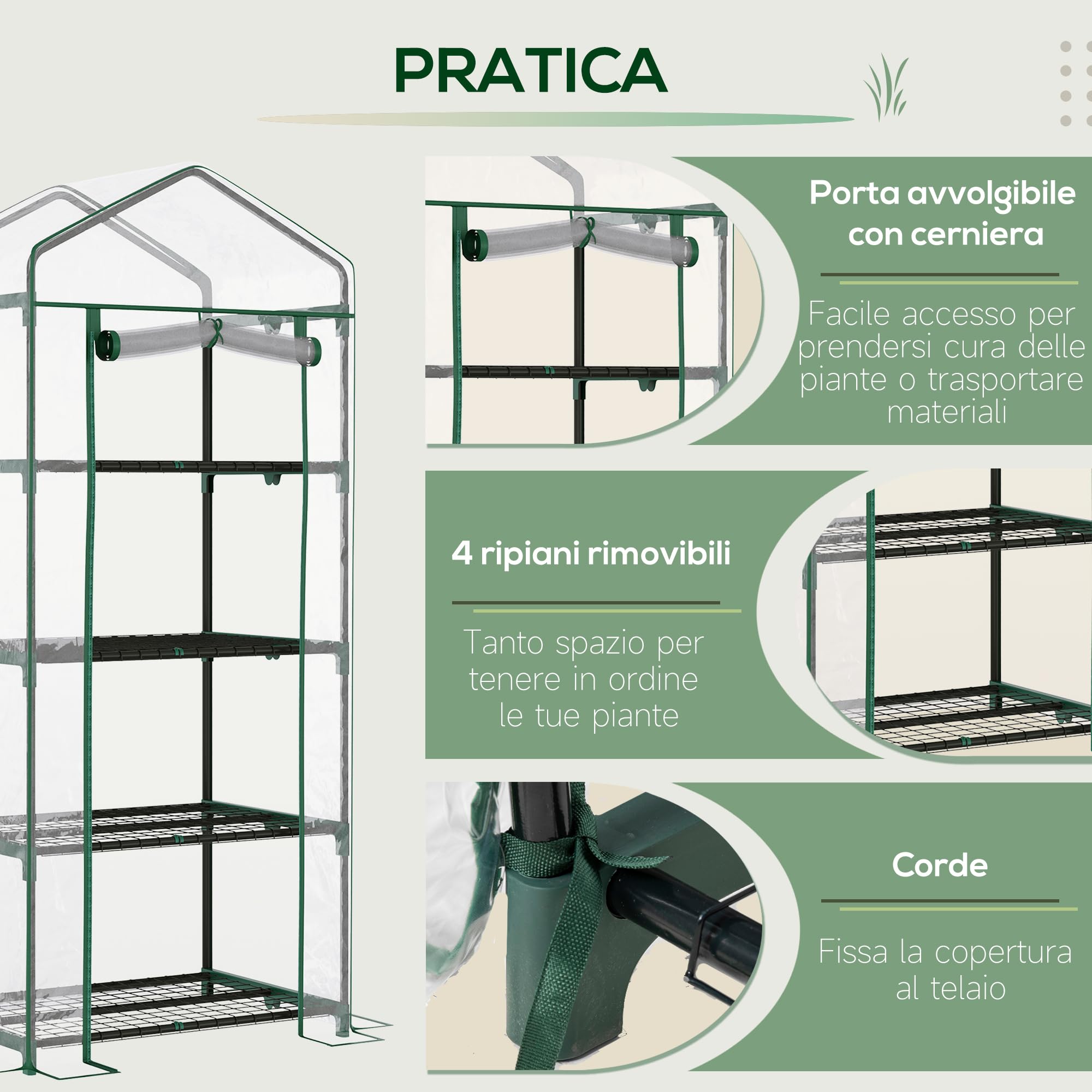 Outsunny Serra da Balcone Compatta con 4 Ripiani per Piante, Serra da Giardino con Copertura in PVC Trasparente, 70x50x160cm