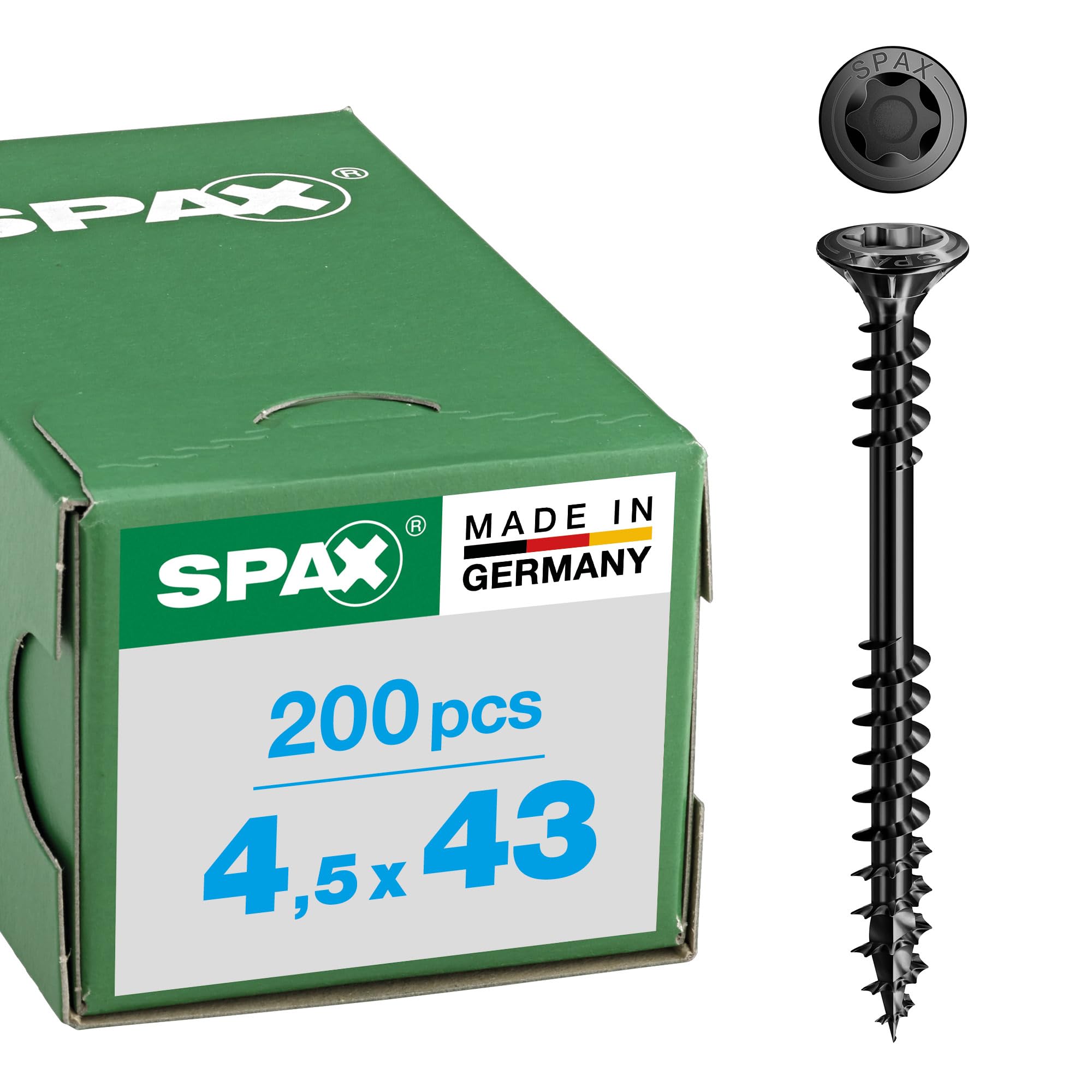 SPAX Facade Screw, 4.5 x 43 mm, Pack of 200, Stainless Steel A2 Blax, Fixing Thread, T-Star Plus T20, Raised Countersunk Head, 4CUT - 25470404504322