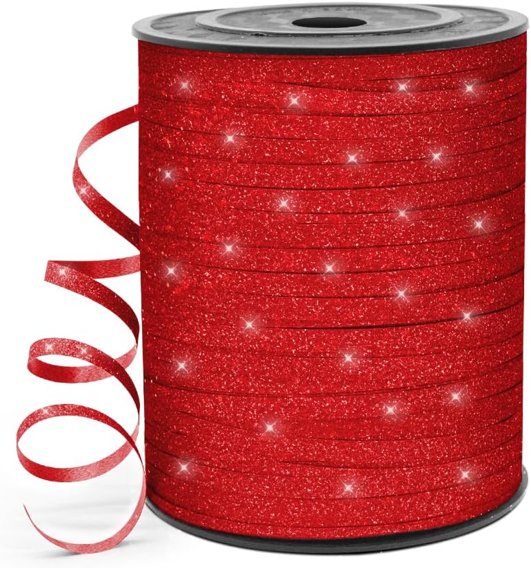 500 Yards Curling Ribbon for Gift Wrapping, 3/16" Balloon String for Christmas Valentine Birthday Wedding Party Festival Decoration, Crafts, Flower Bouquet(Glitter Red)