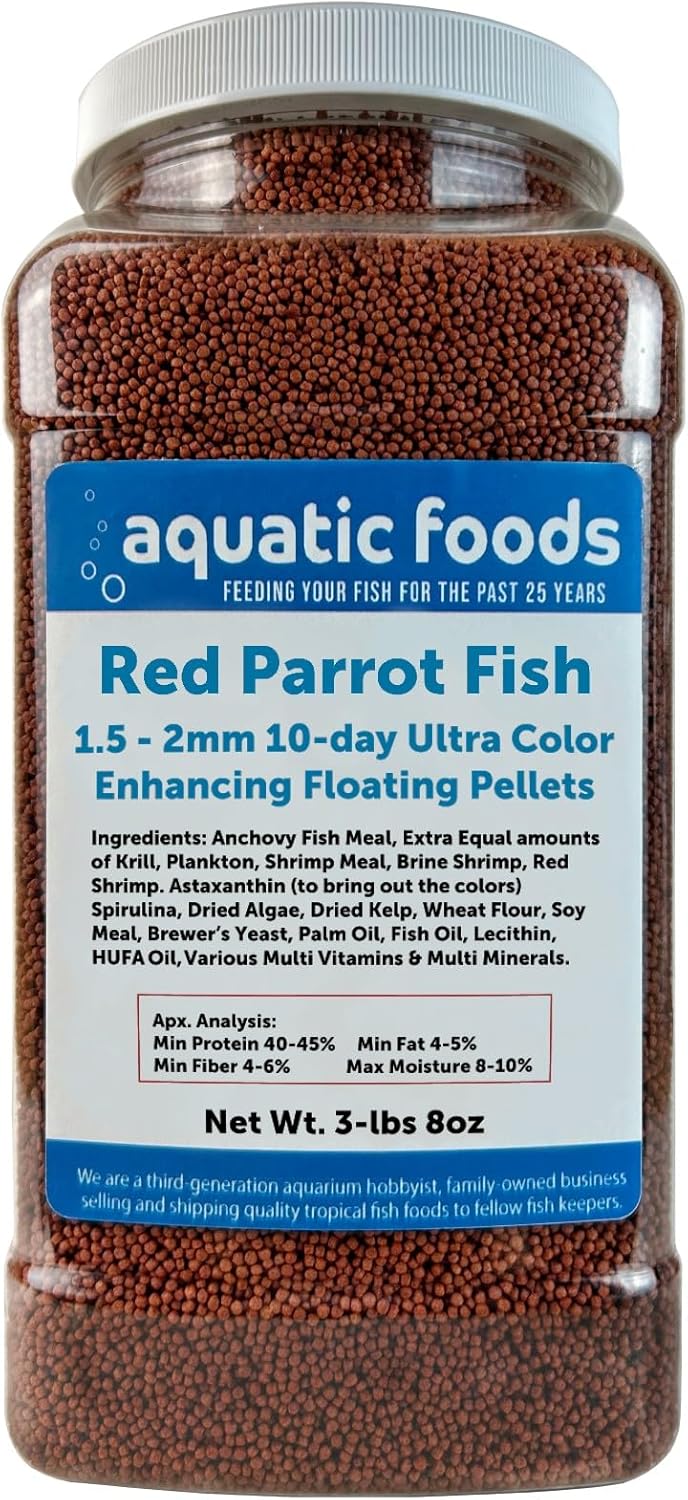 Aquatic Foods Inc. Red Parrot Fish Ultra Red Color Enhancing 1.5mm-2mm Floating Pellets. Color Enhancing in 10-Days for Baby, Juvenile and Adult Red Parrots…3-lbs 8oz Large Jar