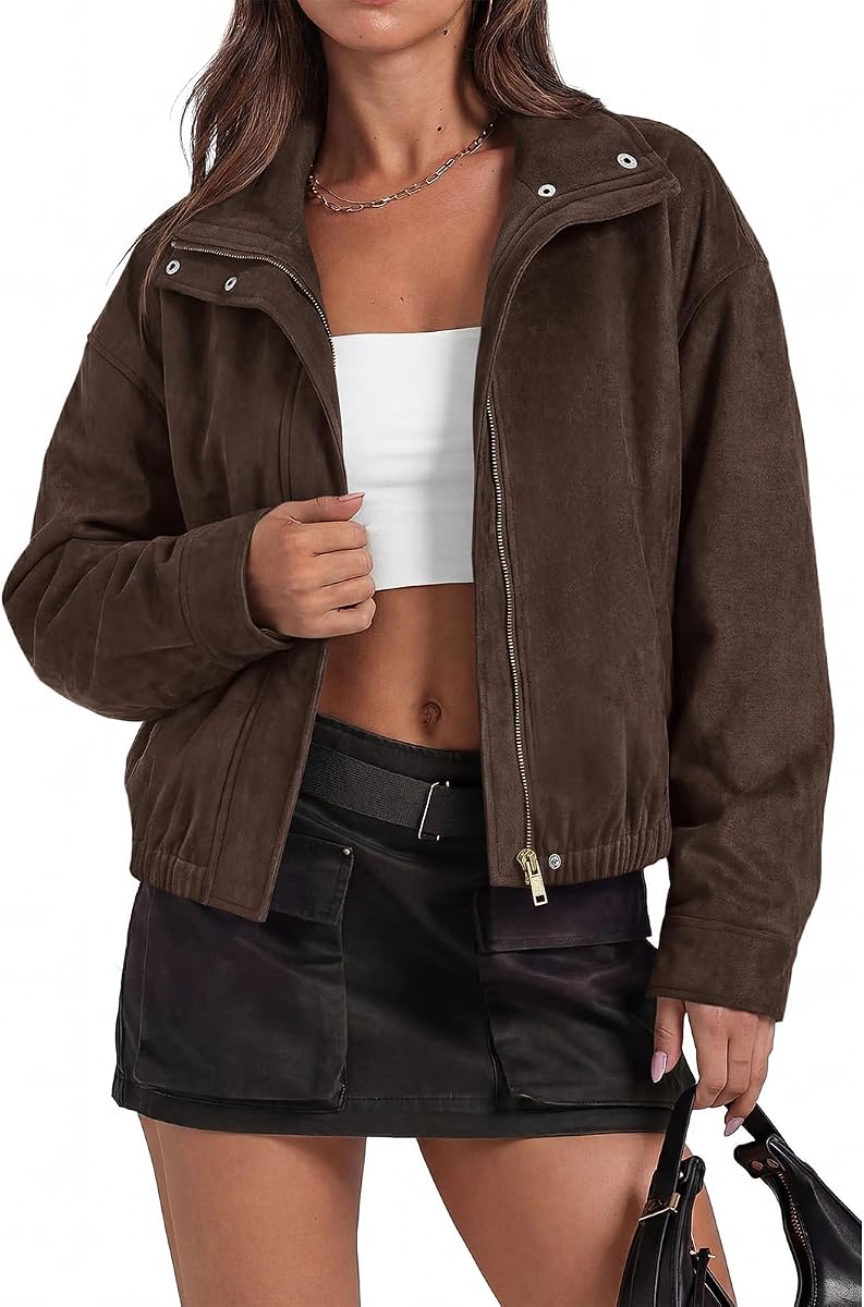 PRETTYGARDEN Cazadora bomber ligera de ante sintético Mujer Abrigos Ropa de abrigo