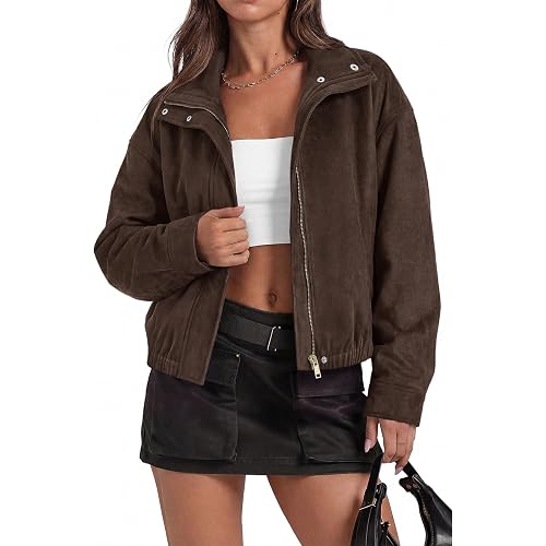 PRETTYGARDEN Lightweight Faux Suede Cropped Bomber Jacket Women Outerwear | Full Zipper, Elastic Hem, Lapel Collar, Long Sleeve Fall Jackets, Loose Fit Ladies Coats, Fashion Clothing with Pockets