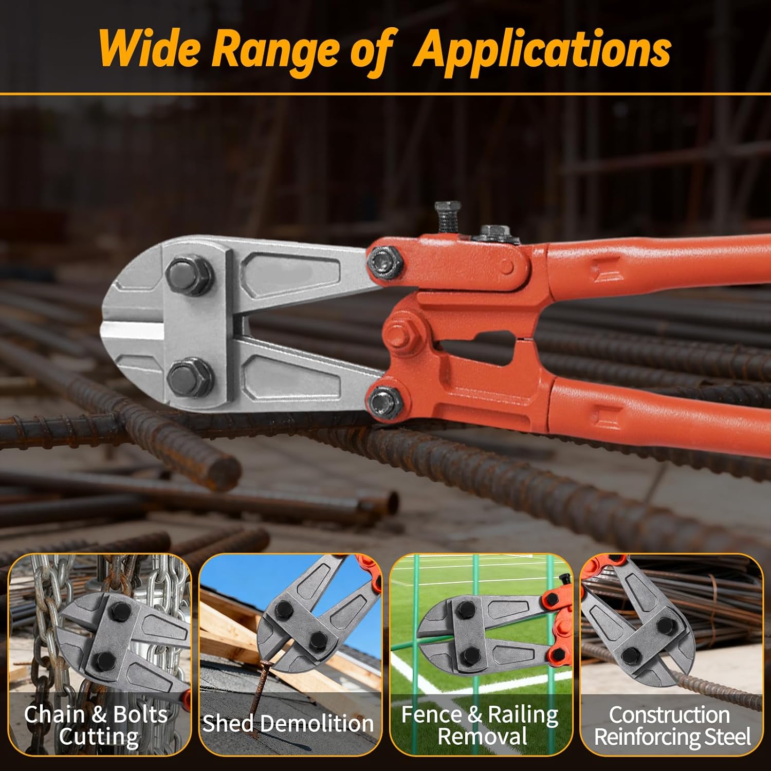 24 Inch Bolt Cutter, Heavy Duty T8 Forged Steel Blades Wire Cutters, Non-Slip Rubber-Coated Handles Effortless Cutting for Chains, Steel Wires, Rivets, Fences, Perfect for Construction & DIY Projects​