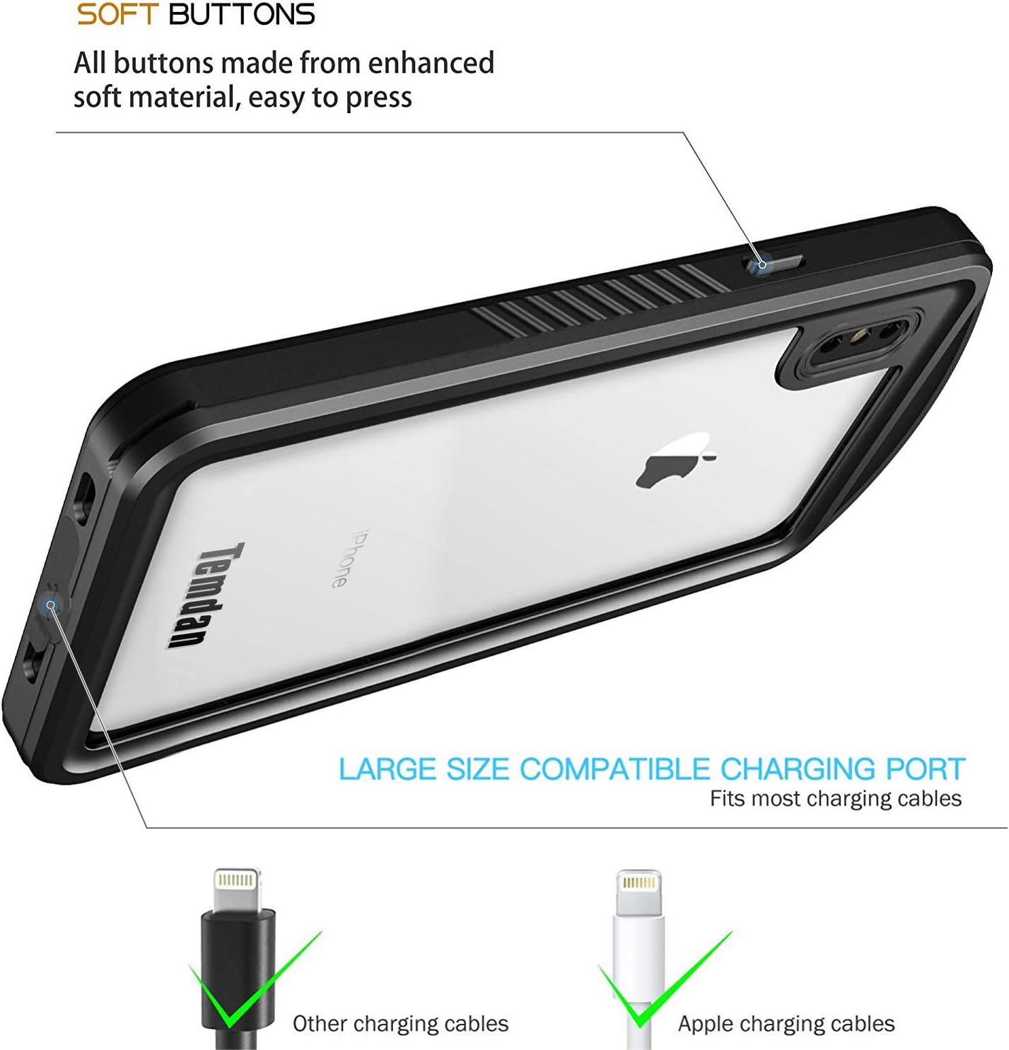 iPhone X Waterproof Case, iPhone XS Waterproof Case, Temdan SUPREME Series Shockproof Waterproof Rugged Case with Caranbiner Built in Screen Protector Waterproof Case for iPhone X/XS(Black)