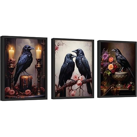 EXCOOL CLUB Black Raven Wall Art - Dark Academia Prints for Dark Room Raven Decor
