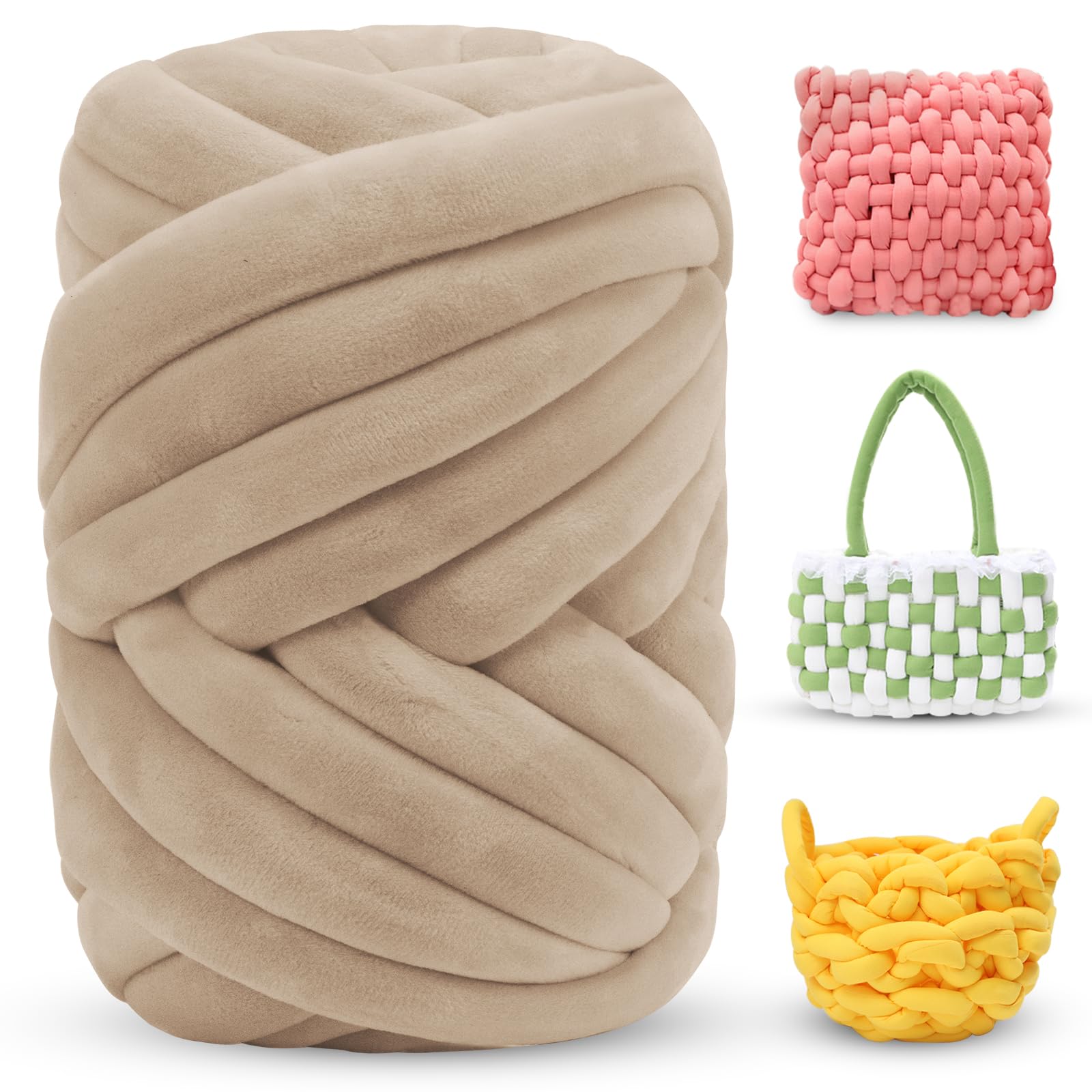 LEREATI Thick Chunky Yarn for Arm Knitting Jumbo Tube Yarn Soft Chunky Knit Blanket Yarn, Velvet Yarn for Crocheting Handbags Hand Knitting Pet Bed Rugs Pillows Crafts (500g, Khaki)