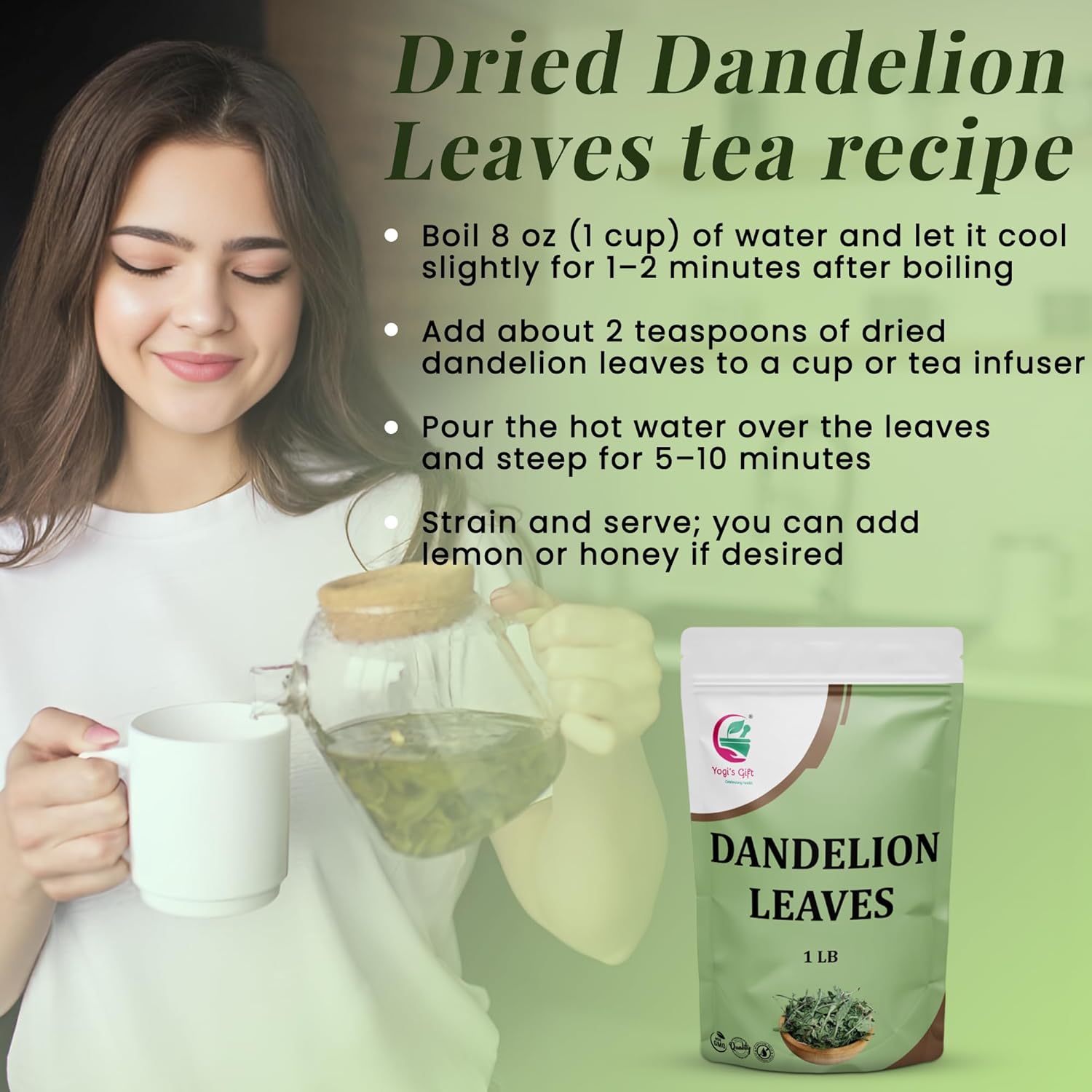 Dandelion Leaves 1 LB, 100% Natural & Pure, Ideal for Dandelion Tea, Herbal Blends & Wellness Uses, 1 LB Bulk Pack, Resealable Bag for Freshness - By Yogi’s Gift®